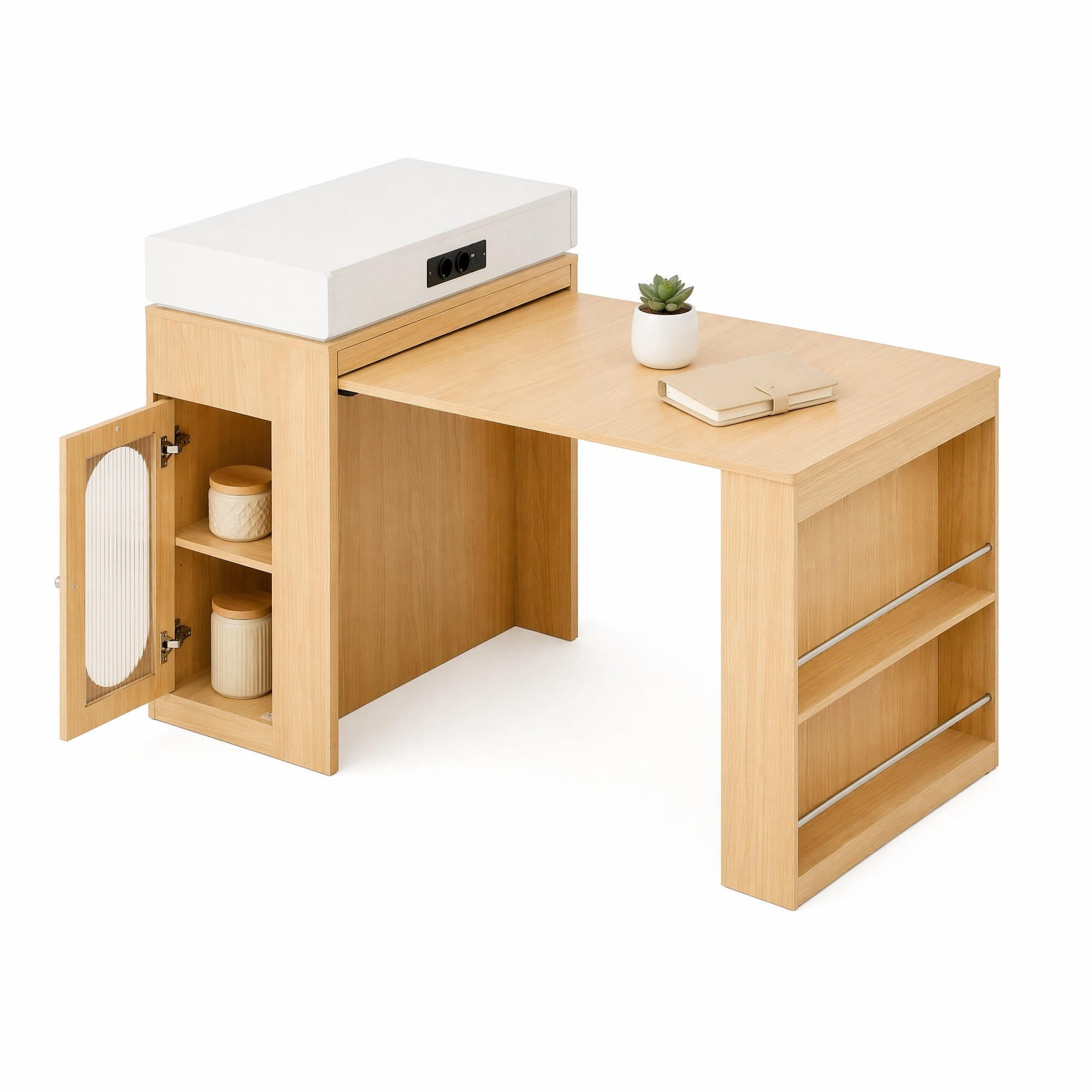 KÜCHENINSEL in Naturfarbe und Weiß Servierwagen mit Steckdosen und Haken für Esszimmer und Küche, B83/T46/H96 cm - Naturfarben, Glas/Holzwerkstoff (83/96/46cm) - STILVORA
