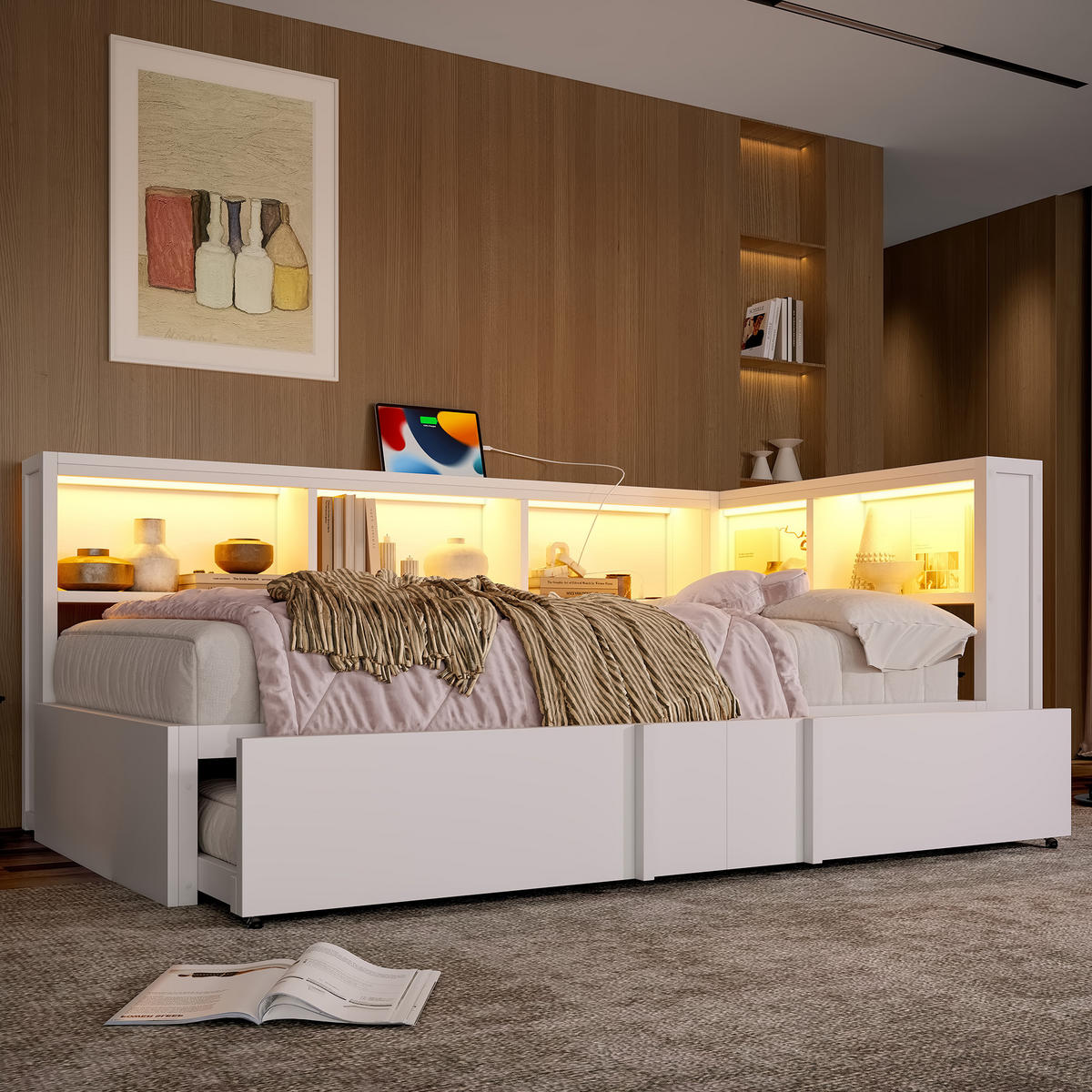 RAHMENBETT 90x200cm, Metall, Ausziehbett, Stauraum, LED, USB, Weiß - Weiß, Holzwerkstoff (90/200cm)