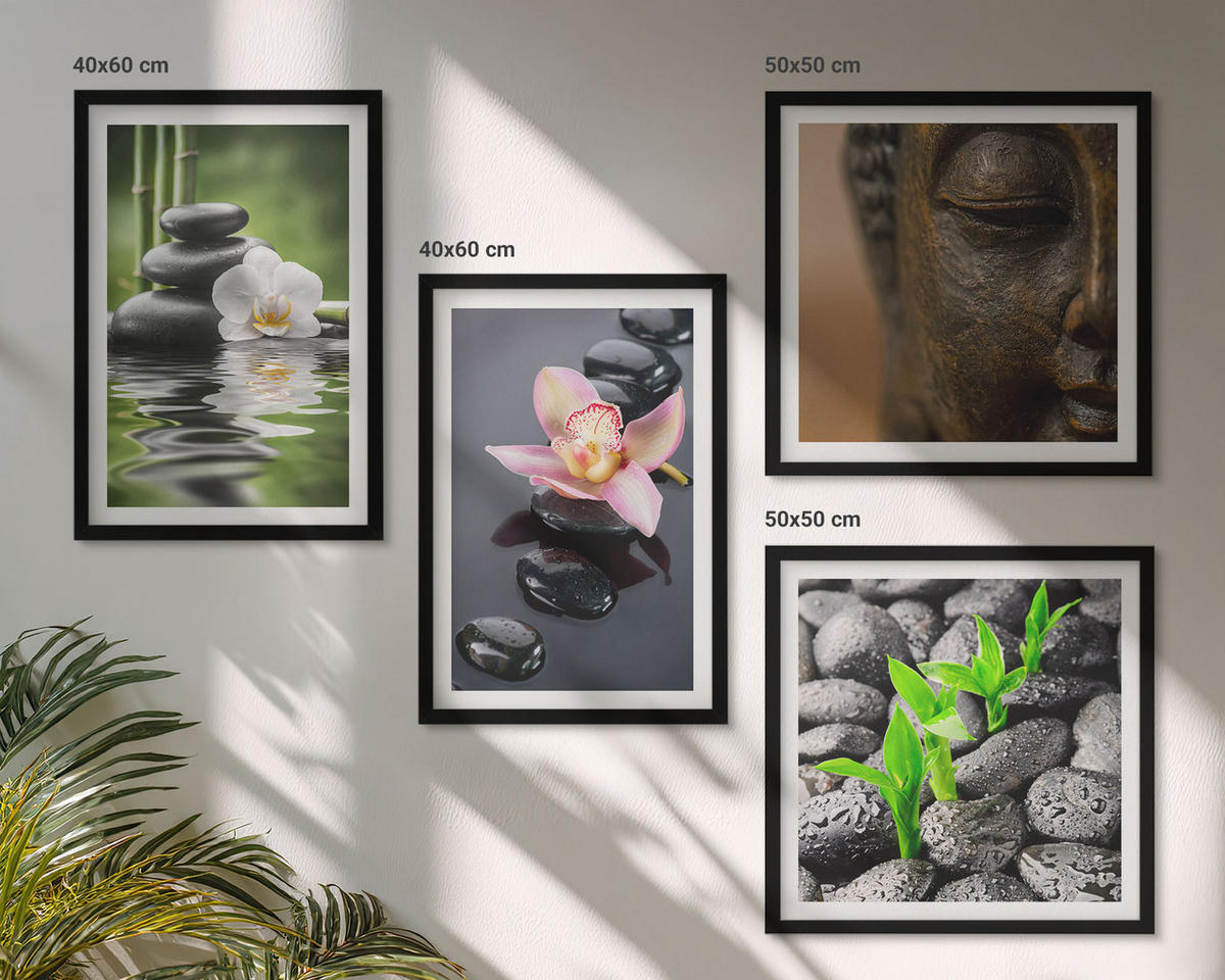 BILDER SET 4er Set - 50x50 cm & 40x60 cm Schwarzer Rahmen - Friedliche Zen-Blumen-Buddha-Komposition - Schwarz, Kunststoff (50/50cm) - TULUP