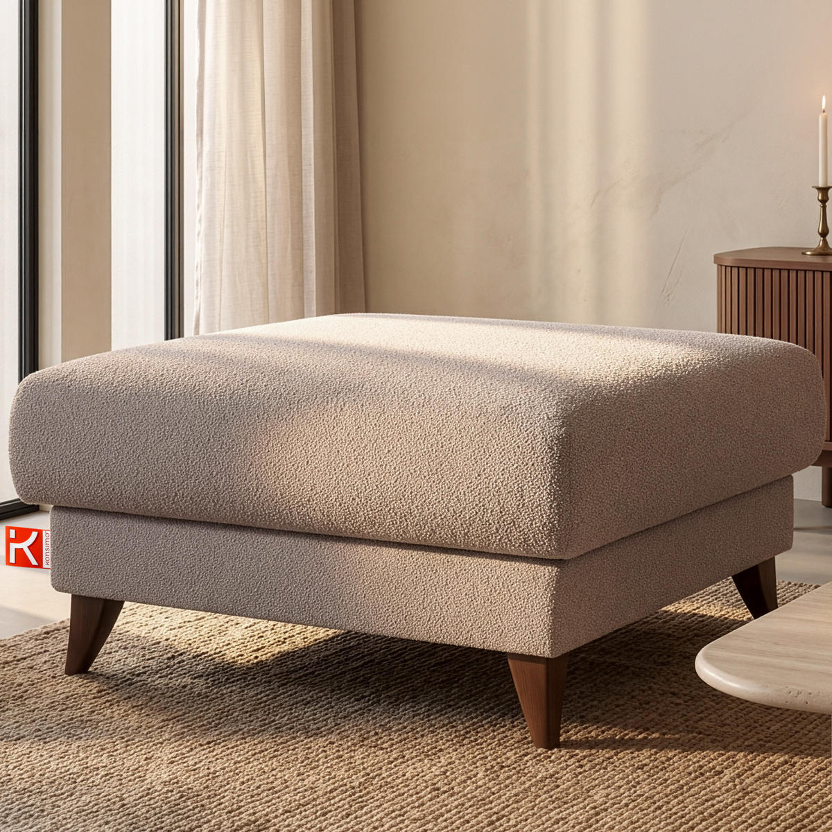HOCKER GUSTAVO Bouclé, Grau - Grau, Holz/Holzwerkstoff (92/49/92cm) - KONSIMO®