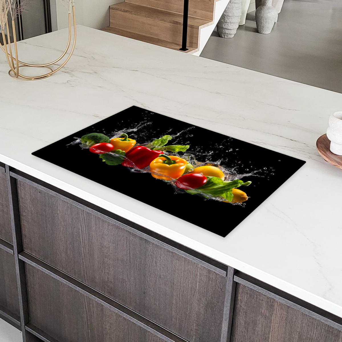 HERDABDECKPLATTE Paprika - Wasser - Gemüse - Schwarz Induktionsmatte 83x51 cm - Multicolor, Kunststoff (83/51.5/0.2cm) - MuchoWow