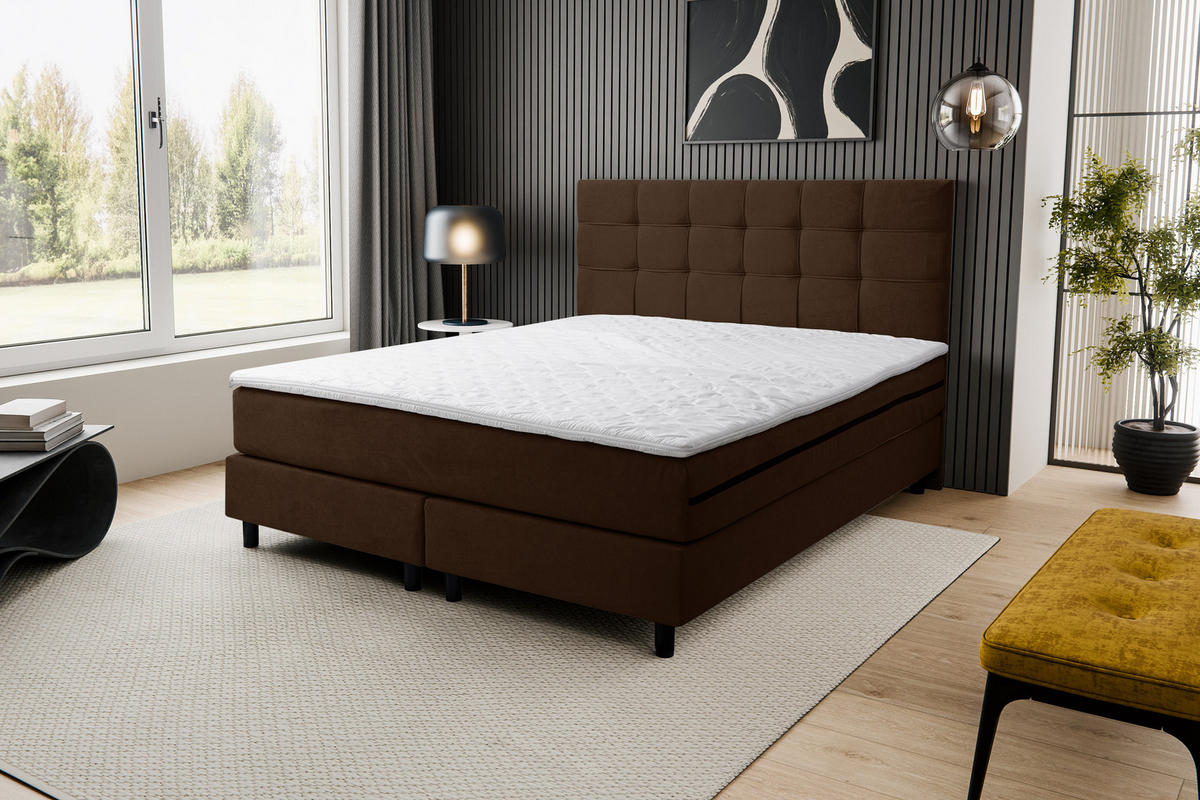 BOXSPRINGBETT BOSS, Polsterbett Maße: 160x200 cm, Farbe: Braun, Velourstoff, Doppelbett mit Bonell-Matratze H3 inkl. Topper - Braun, Holz/Kunststoff (160/200cm) - VENASI MÖBEL