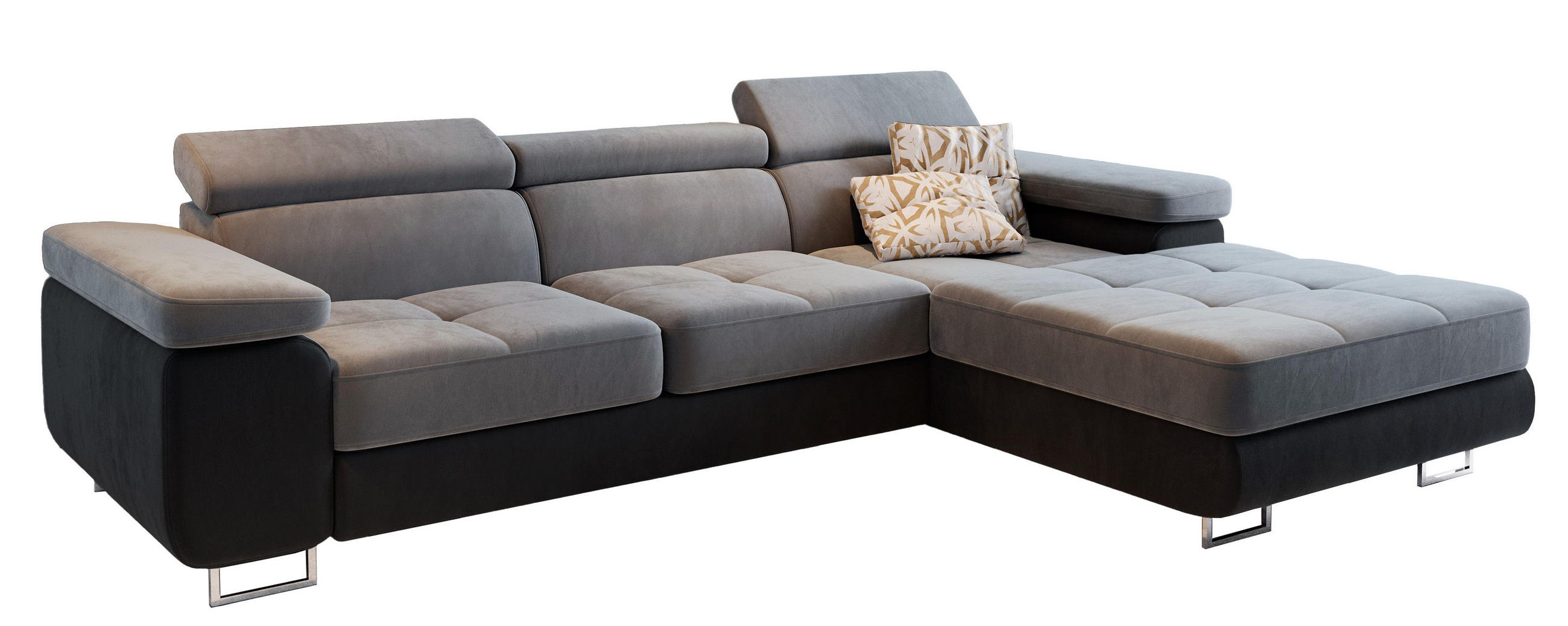 ECKSOFA ELMA R-S Hellgrau Velours-Stoff mit Schlaffunktion - Hellgrau, Holz (280/205cm) - MASSENO