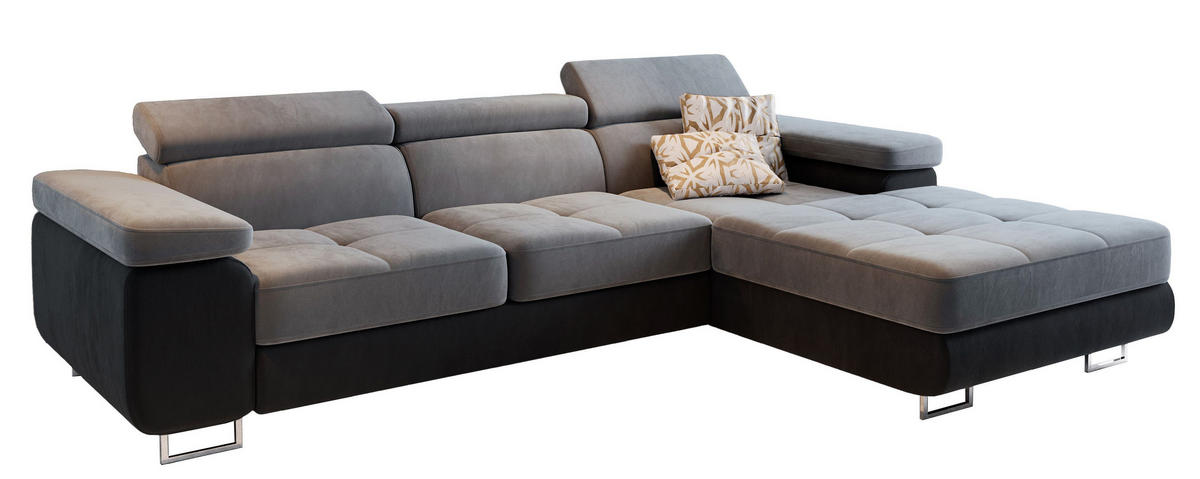 ECKSOFA ELMA R-S Hellgrau Velours-Stoff mit Schlaffunktion - Hellgrau, Holz (280/205cm) - MASSENO