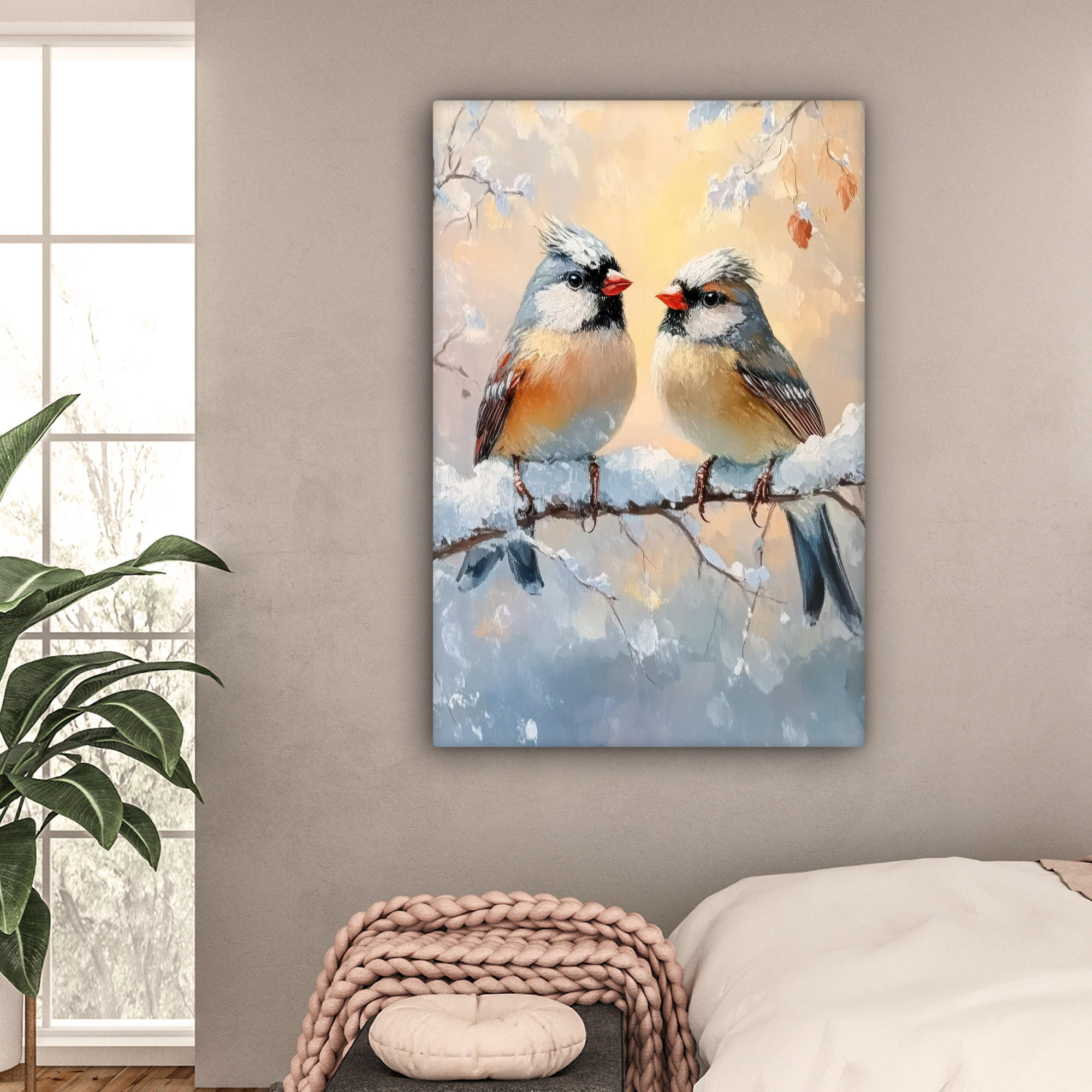 LEINWANDBILD Vögel - Zweig - Winter - Schnee 80x120 cm - Pastellblau, Textil (80/120cm) - MuchoWow