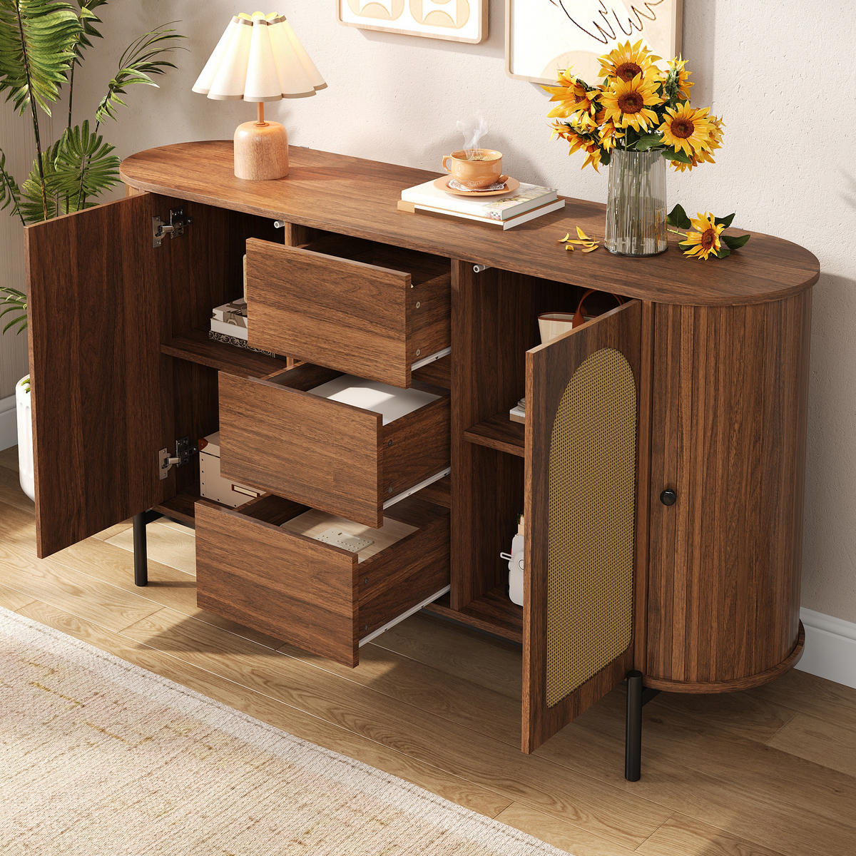 SIDEBOARD 140/38/77,5 cm Nussbaum aus MDF mit Rattan-Türen und Schubladen - Walnussfarben, Holzwerkstoff (38/77.5/140cm) - OKWISH