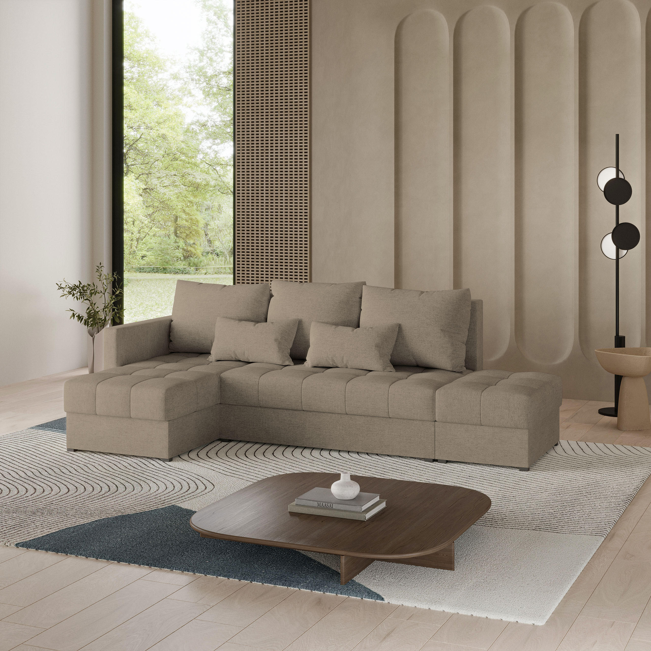 ECKSOFA LUMARI L-S Braun Plüsch-Stoff mit Schlaffunktion - Braun, Holz (262/143cm) - MASSENO