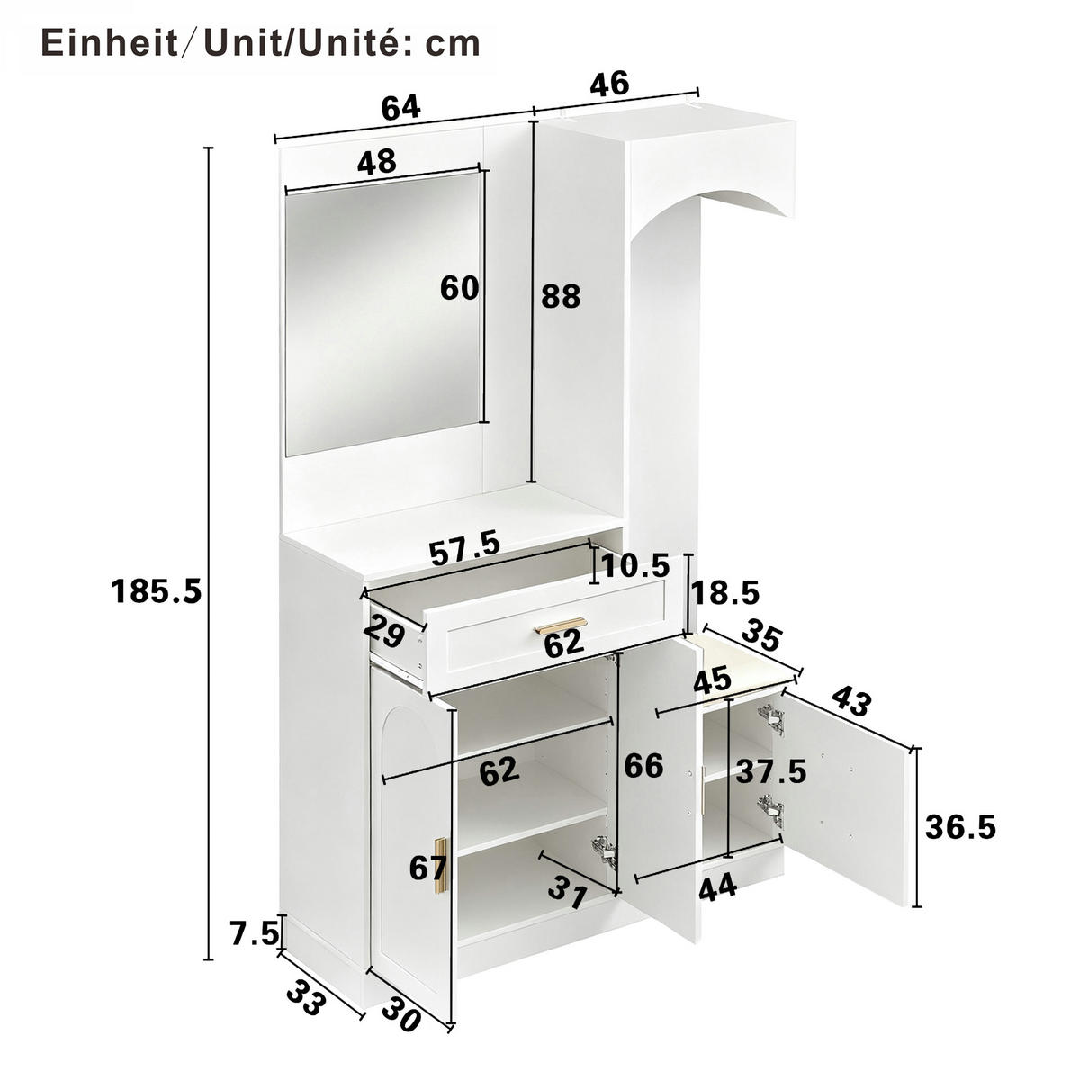GARDEROBE-SET in Weiß Garderobenschrank mit Spiegel und Schuhbank für Eingangsbereich und Flur, B110/T33/H185.5 cm - Weiß, Glas/Holzwerkstoff (111/185.5/33cm) - STILVORA