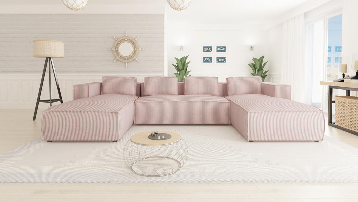 WOHNLANDSCHAFT Nova Puderrosa Cord - Pink/Schwarz, Holz/Kunststoff (327/64/176cm) - S-Style Möbel