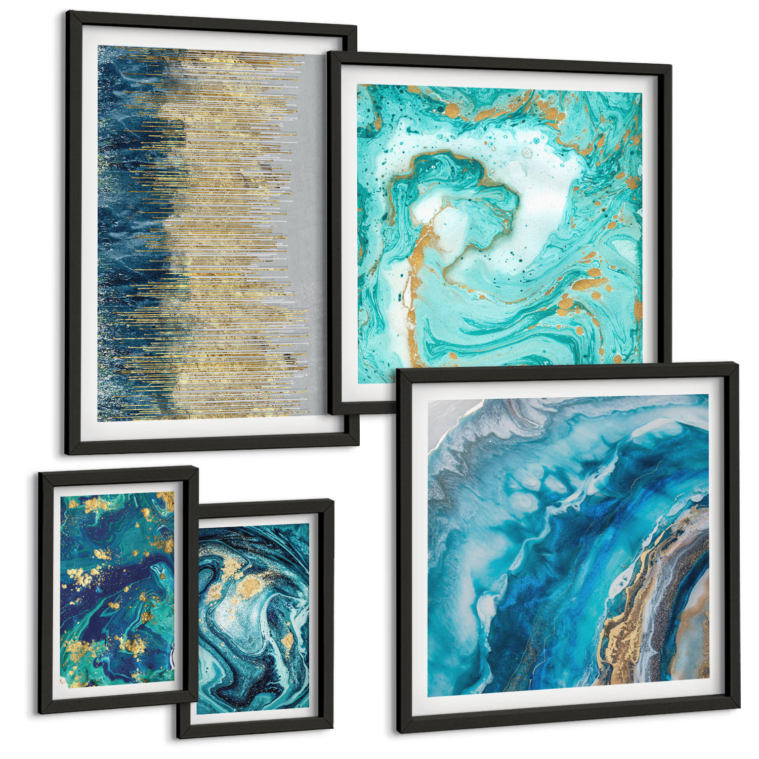 BILDER SET 5er Set - 50x50 cm & 20x30 cm & 40x60 cm Schwarzer Rahmen - Wilde Landschaften, Berge, Hirsche - Schwarz, Kunststoff (40/60cm) - TULUP