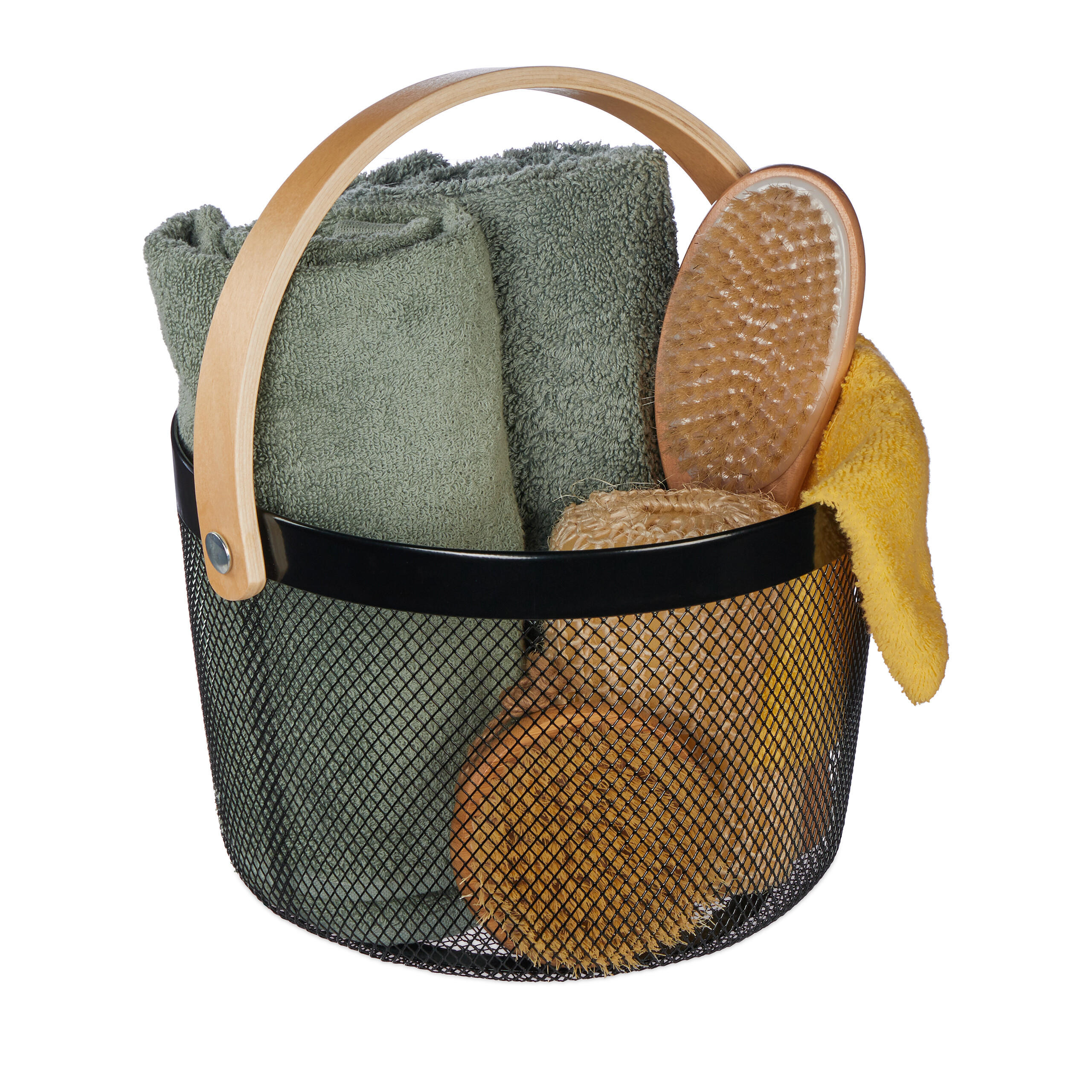 DRAHTKORB - Schwarz, Holz/Metall (27.5/30/25.5cm) - Relaxdays