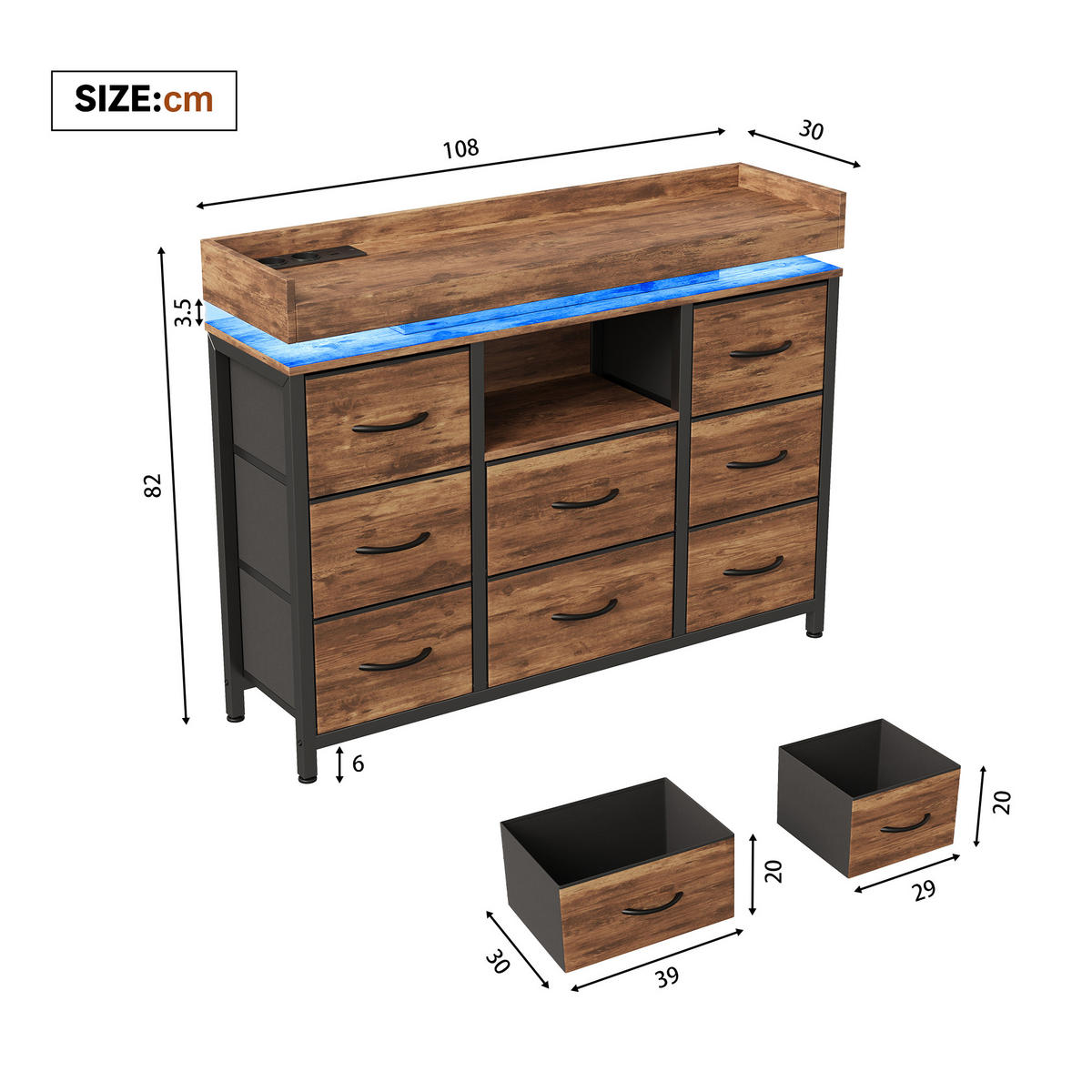 KOMMODE 8 Schubladen Holzoptik, RGB-LED, USB, Kippschutz - Multicolor, Holz (30/82/108cm) - SHOPENTRA