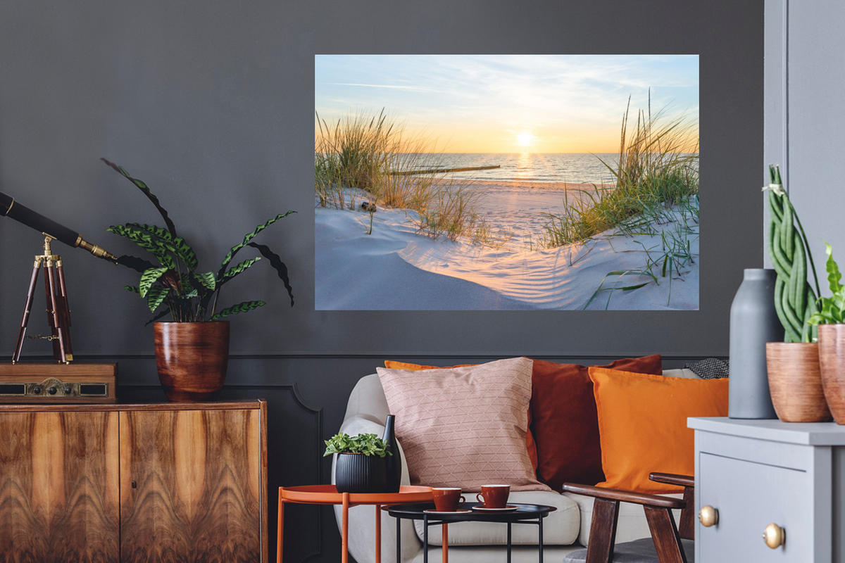 WANDTATTOO Strand - Sonne - Düne - Gras - Sand - Horizont 120x80 cm - Hellblau, Kunststoff (120/80/0.1cm) - MuchoWow