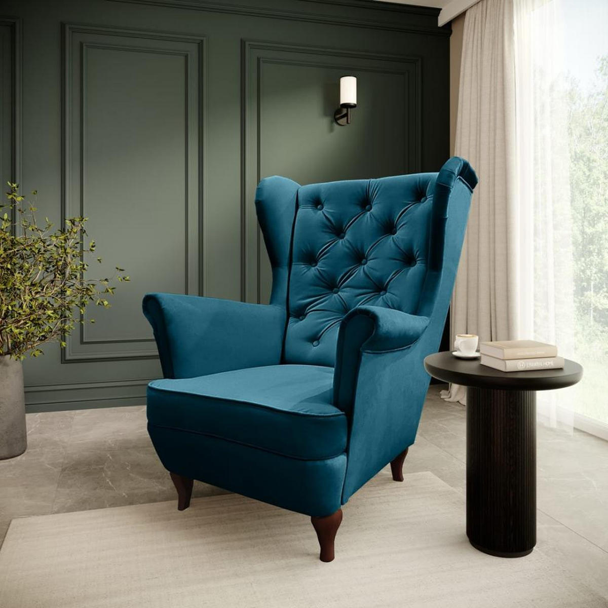 CHESTERFIELD-SESSEL Falco türkis mit Holzbeinen - Türkis/Wengefarben, Holz/Textil (82/102/92cm) - Beautysofa