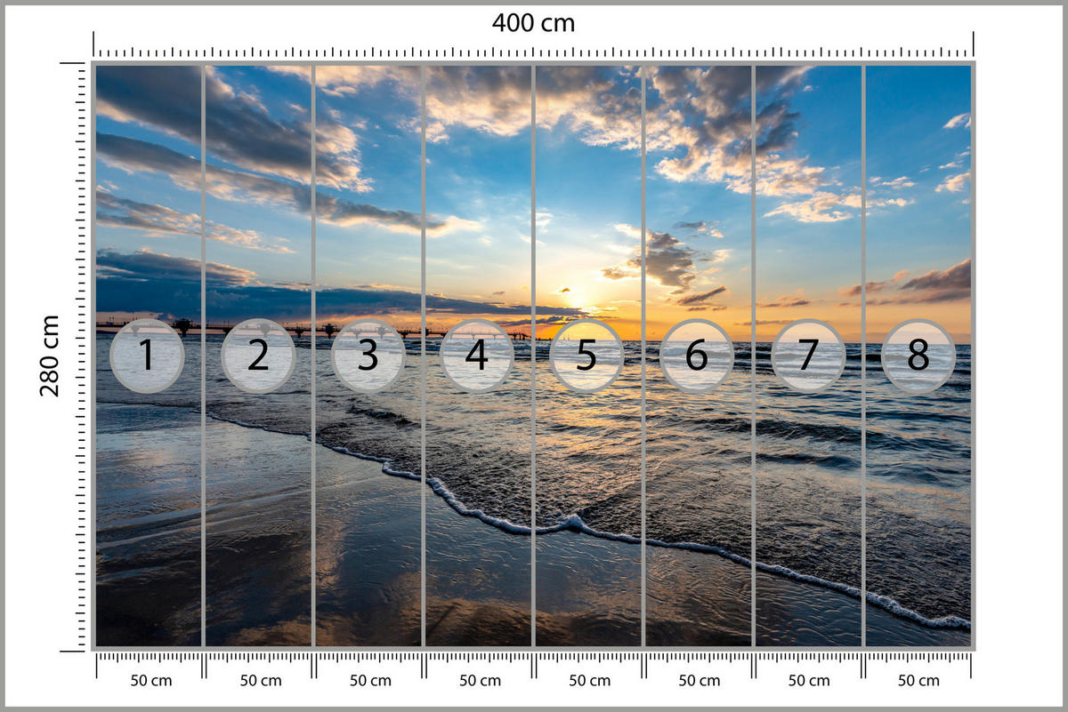 FOTOTAPETE für Wohnzimmer Sonnenuntergang Pier Romantik Meer 400x280 - Blau/Gelb, Papier (400/280cm) - Muralo