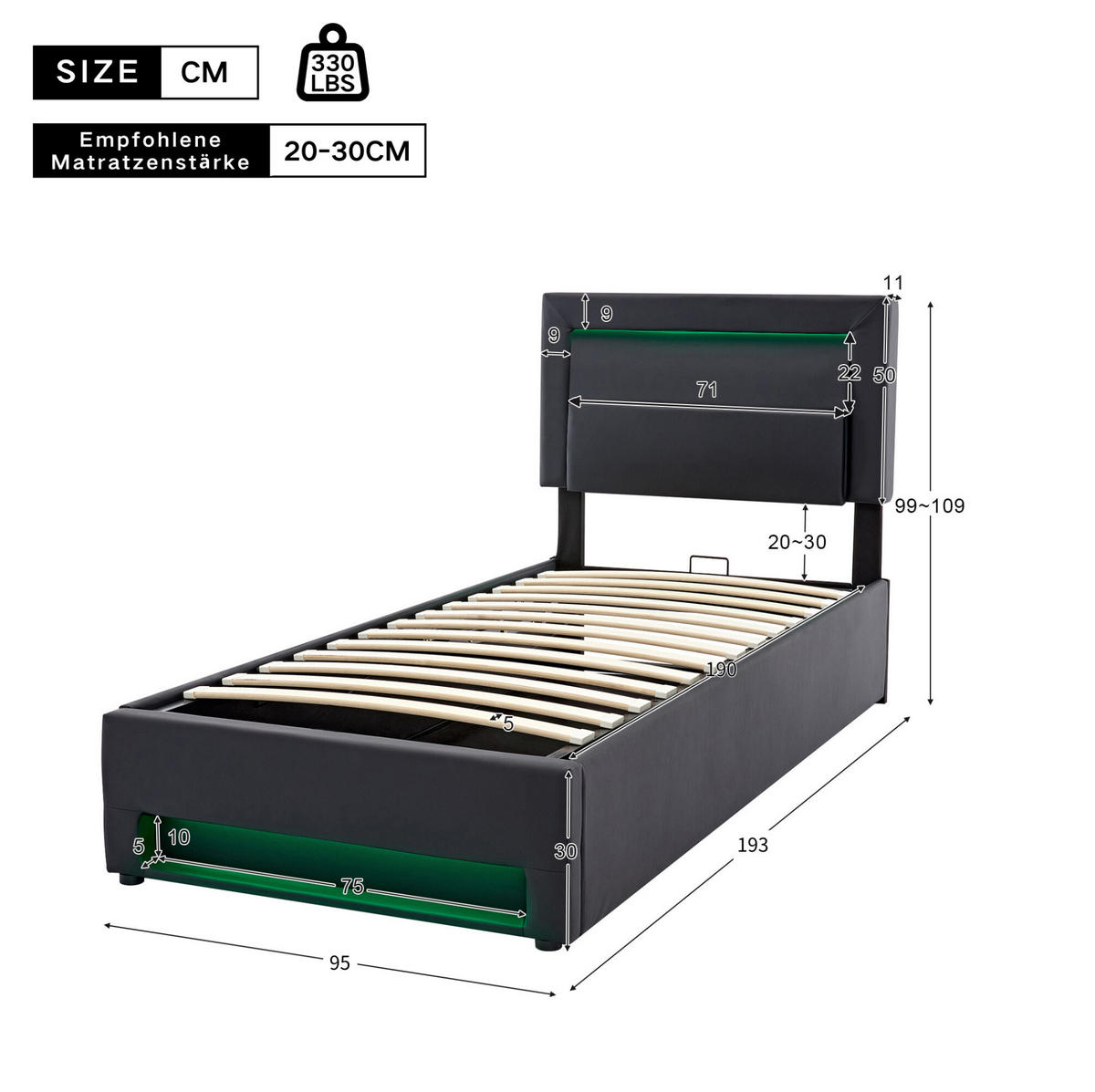 ČALÚNENÁ posteľ z PU 90x190 cm čierna s USB portom, LED osvetlením a úložným priestorom - čierna, plast (90/190cm) - Modfu