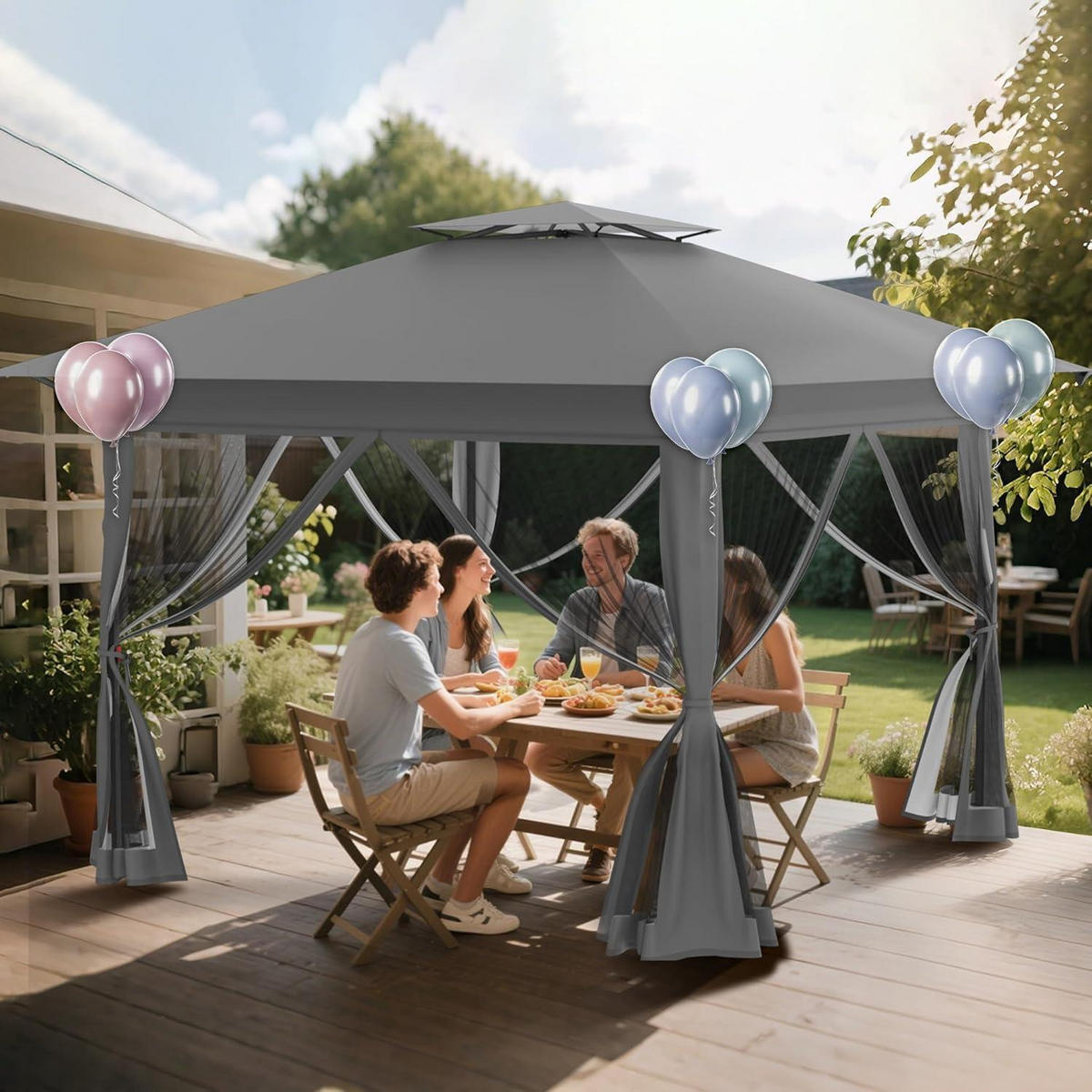 GARTENPAVILLON Pop Up 4x4m Grau mit Moskitonetz - Grau, Metall (400/285/400cm)