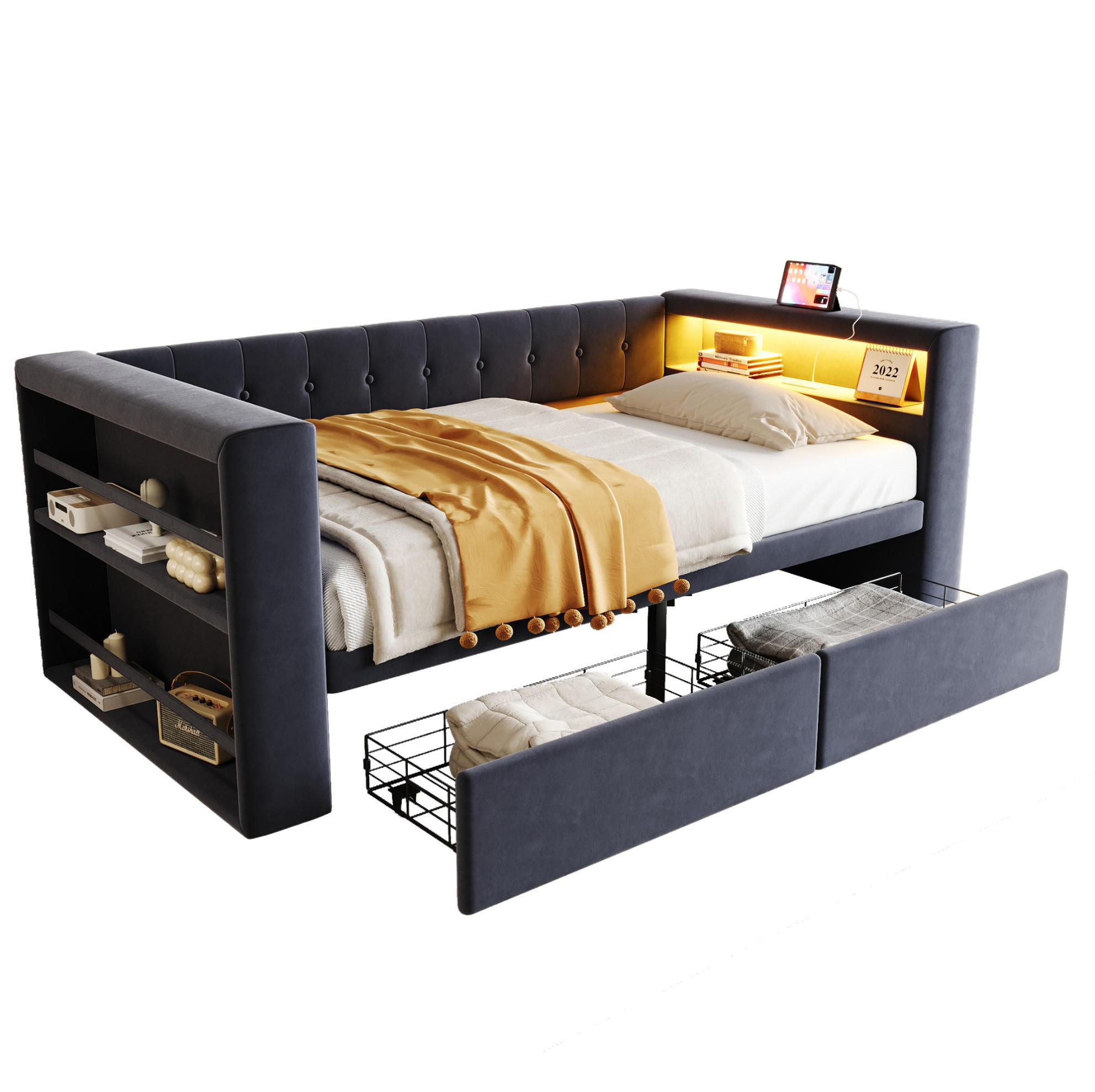 POLSTERBETT 90/190 cm Dunkelgrau aus Flannelette mit LED-Beleuchtung - Dunkelgrau, Textil (90/190cm) - OKMYHOME