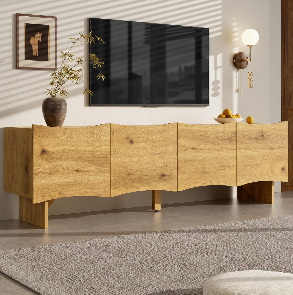 LOWBOARD 155/36/47 cm in Natur aus Spanplatte mit Wellenmuster - Eichefarben, Holzwerkstoff (36/47/155cm) - OKMYHOME