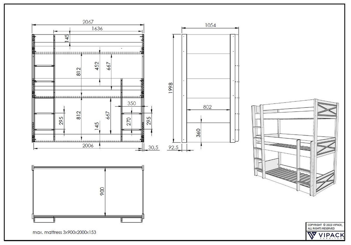 ETAGENBETT Karyl 206x200x105 aus Massivholz in Weiß - Weiß, Holz - 58aufmkessel