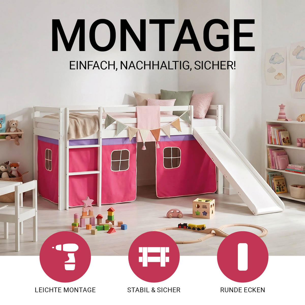 HOCHBETT 90/200 cm in Pink mit Lattenrost + Matratze - Pink/Weiß, Holz - Homestyle4u