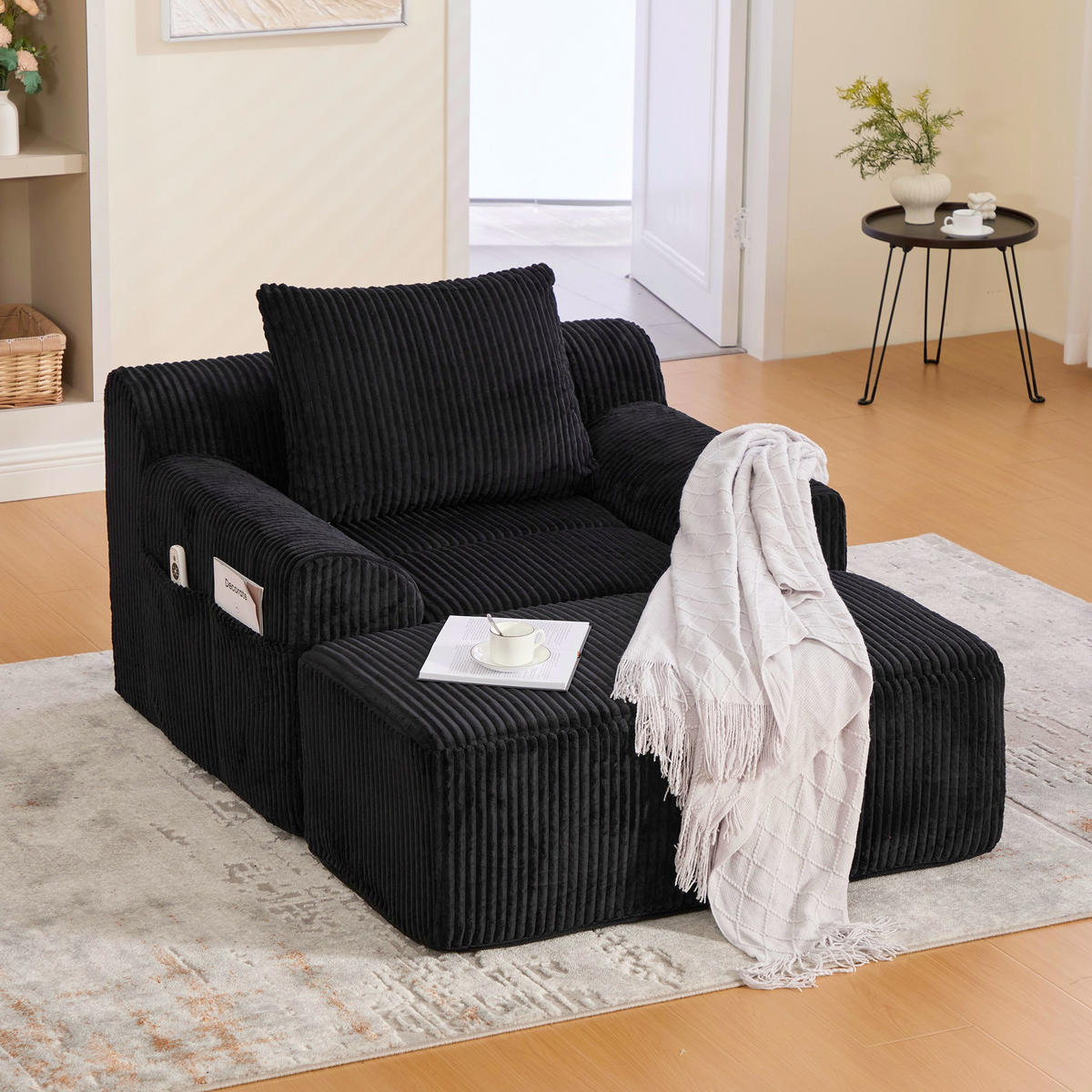 RELAXSESSELSET Übergroßer Loungesesselmit Fußhocker,Cord,Schwarz - Schwarz, Textil (110/87/147cm) - LVHOM