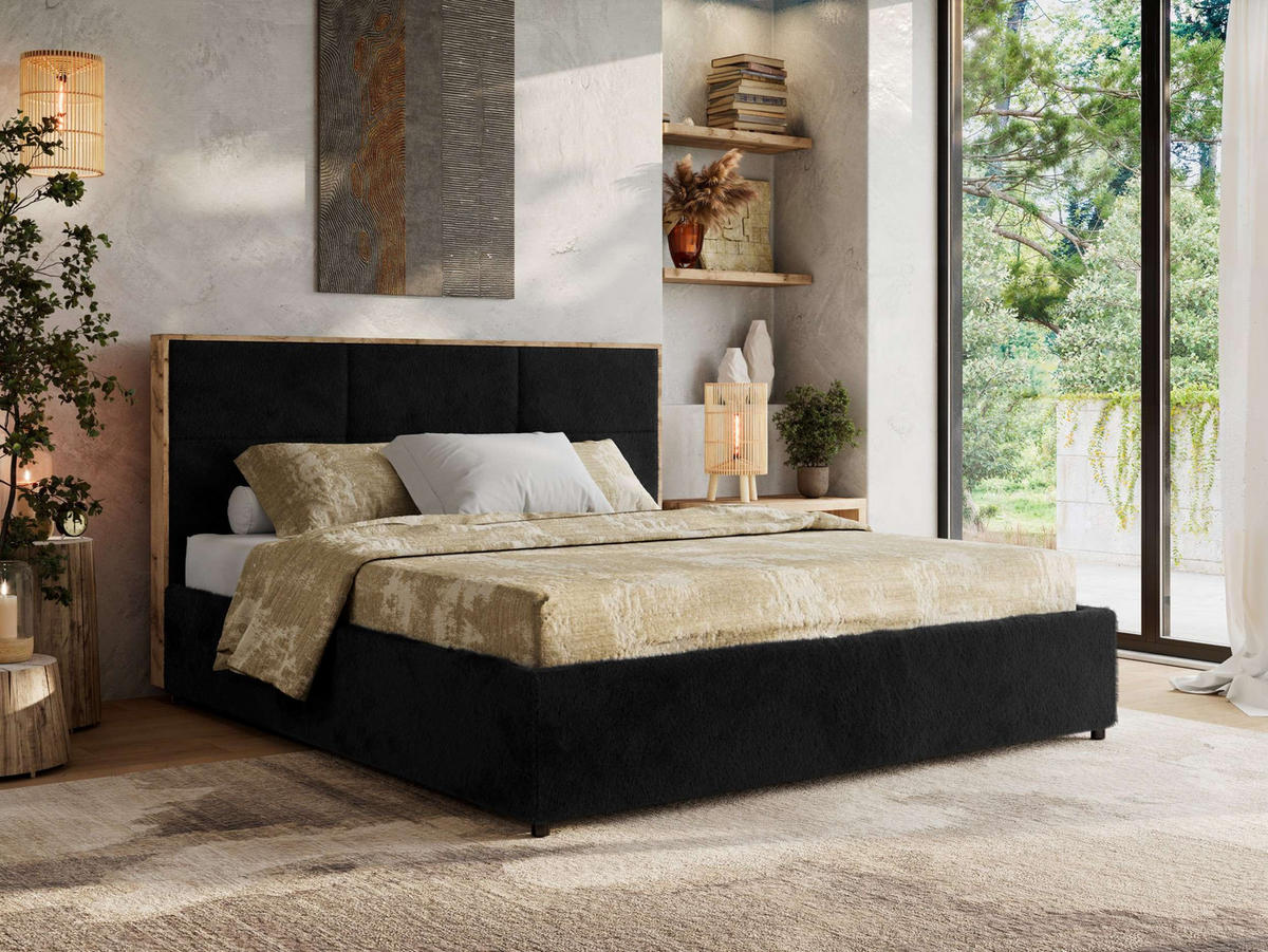 POLSTERBETT LERIO CLASSIC 160/200 - Schwarz Plüsch - Multipocket-Matratze - Schwarz, Textil (160/200cm) - MKS