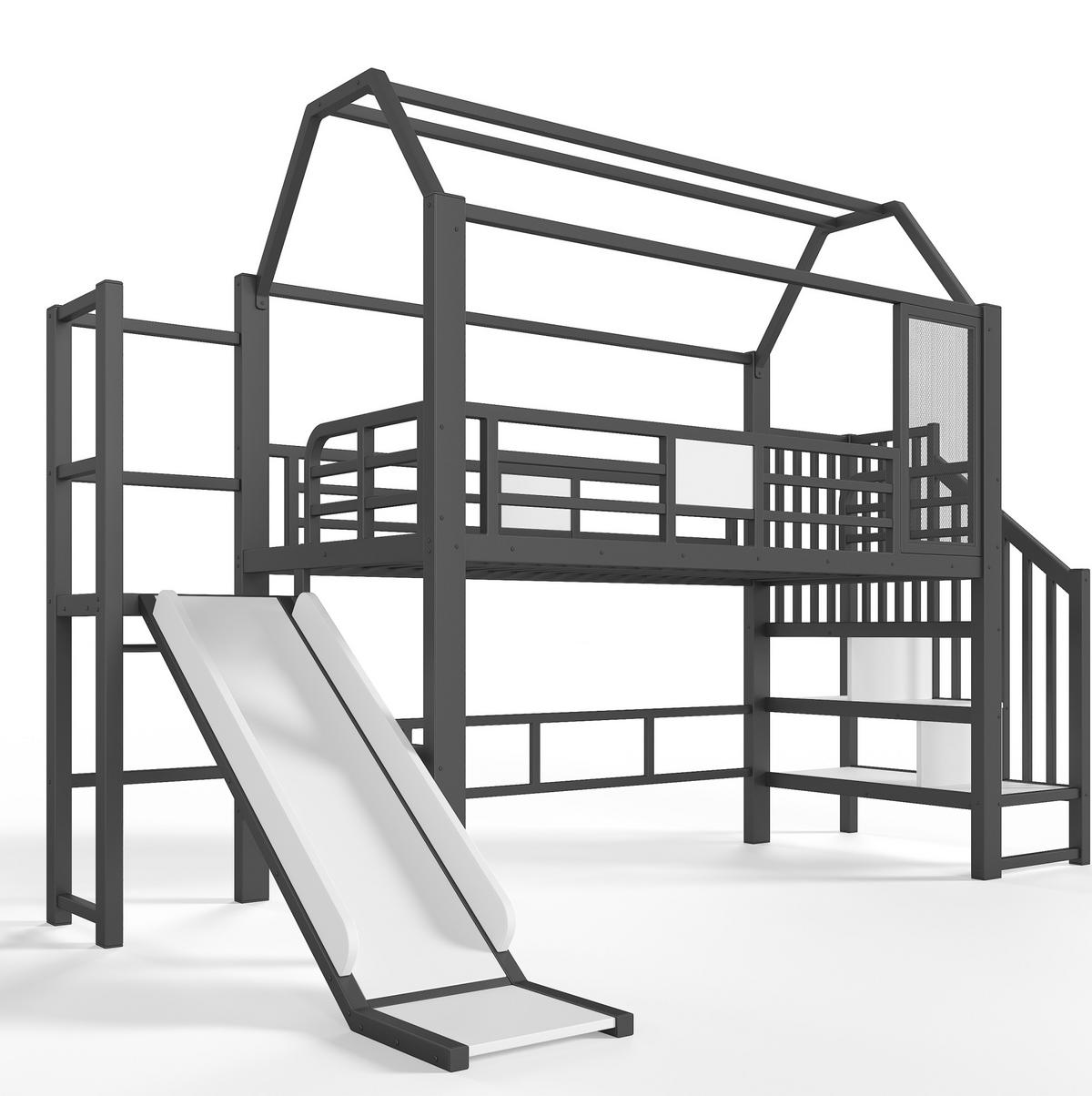 HOCHBETT aus Metall und MDF 90x200 cm Schwarz mit Rutsche, Stauraumtreppe und Bluetooth-LED - Schwarz, Holzwerkstoff (90/200cm) - IVMEU