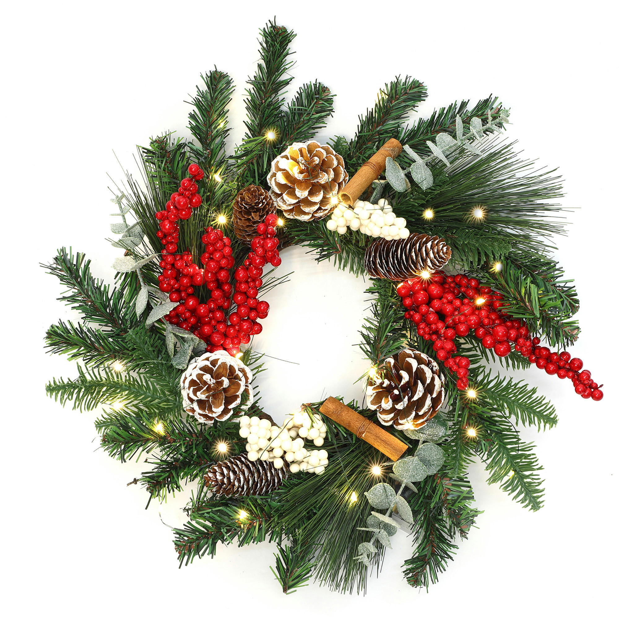 WEIHNACHTSKRANZ mit LED Beleuchtung & Timer - Dunkelgrün, Naturmaterialien (40cm) - Hometopia