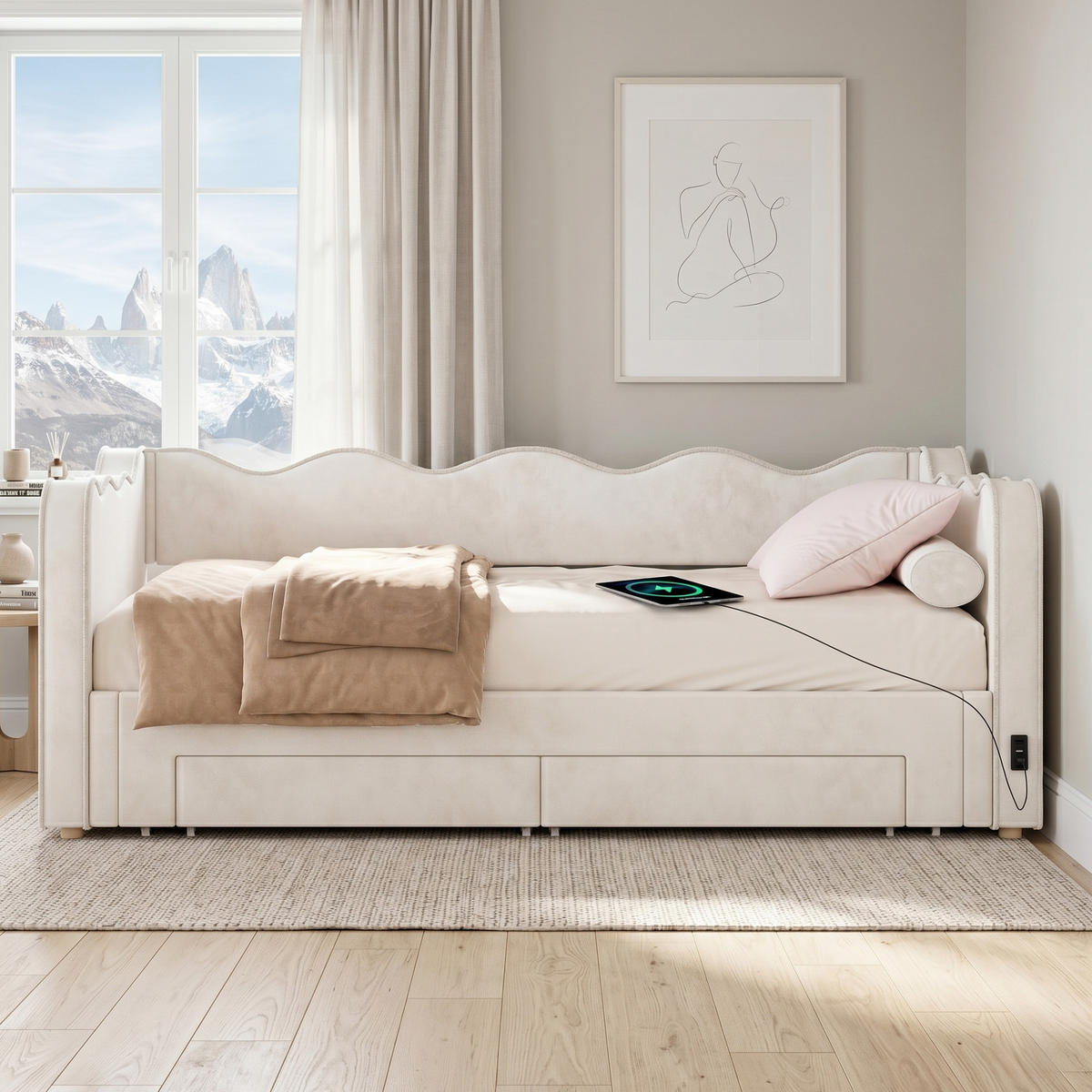 POLSTERBETT 90x200cm Ausziehbar Stauraum USB Samt Beige - Beige, Textil - FLIEKS