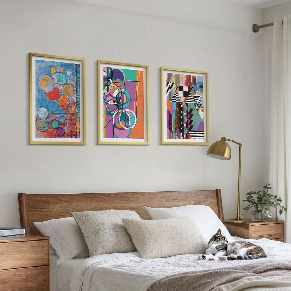 WANDBILDER 3er Set - 40x60 cm Goldrahmen - Bunte abstrakte Kreise Geometrie - Goldfarben, Kunststoff (40/60cm) - ArtPrintCave