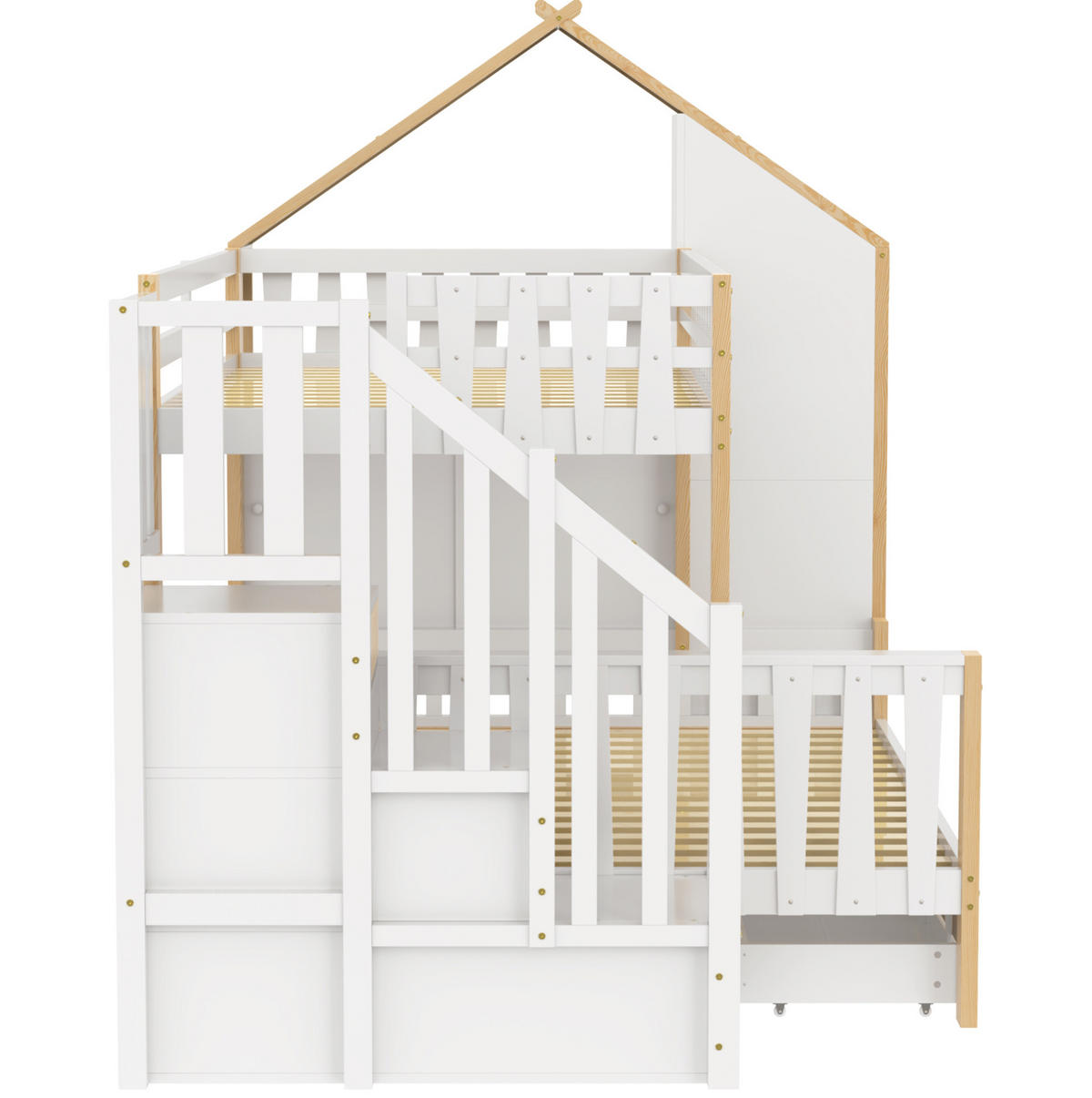 ETAGENBETT 90/200 + 140/200 cm mit Stauraumleiter, Hausdach und 2 Schubladen, Weiß/Natur - Weiß, Holz (90/200cm) - Redom