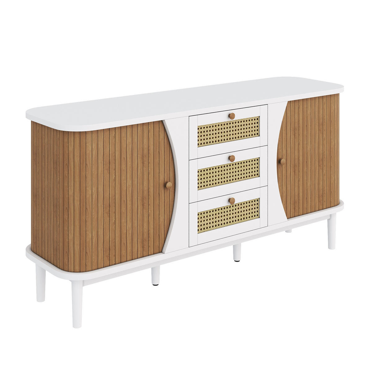 SIDEBOARD in Weiß & Holz-Optik Rattankommode mit 3 Schubladen & Bogen-Design - Weiß, Holzwerkstoff (140.5/76/40cm) - Urban Meuble