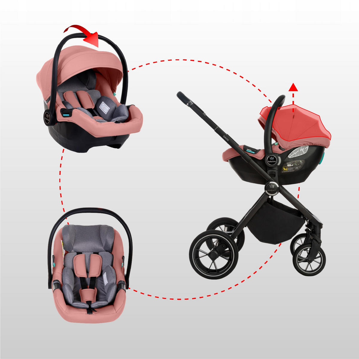KINDERWAGEN Gavia 4in1 Olive Babywanne, Reisebuggy, Autositz, Isofix Basis - Schwarz/Rosa, Textil/Metall (58/98cm) - BabyLux