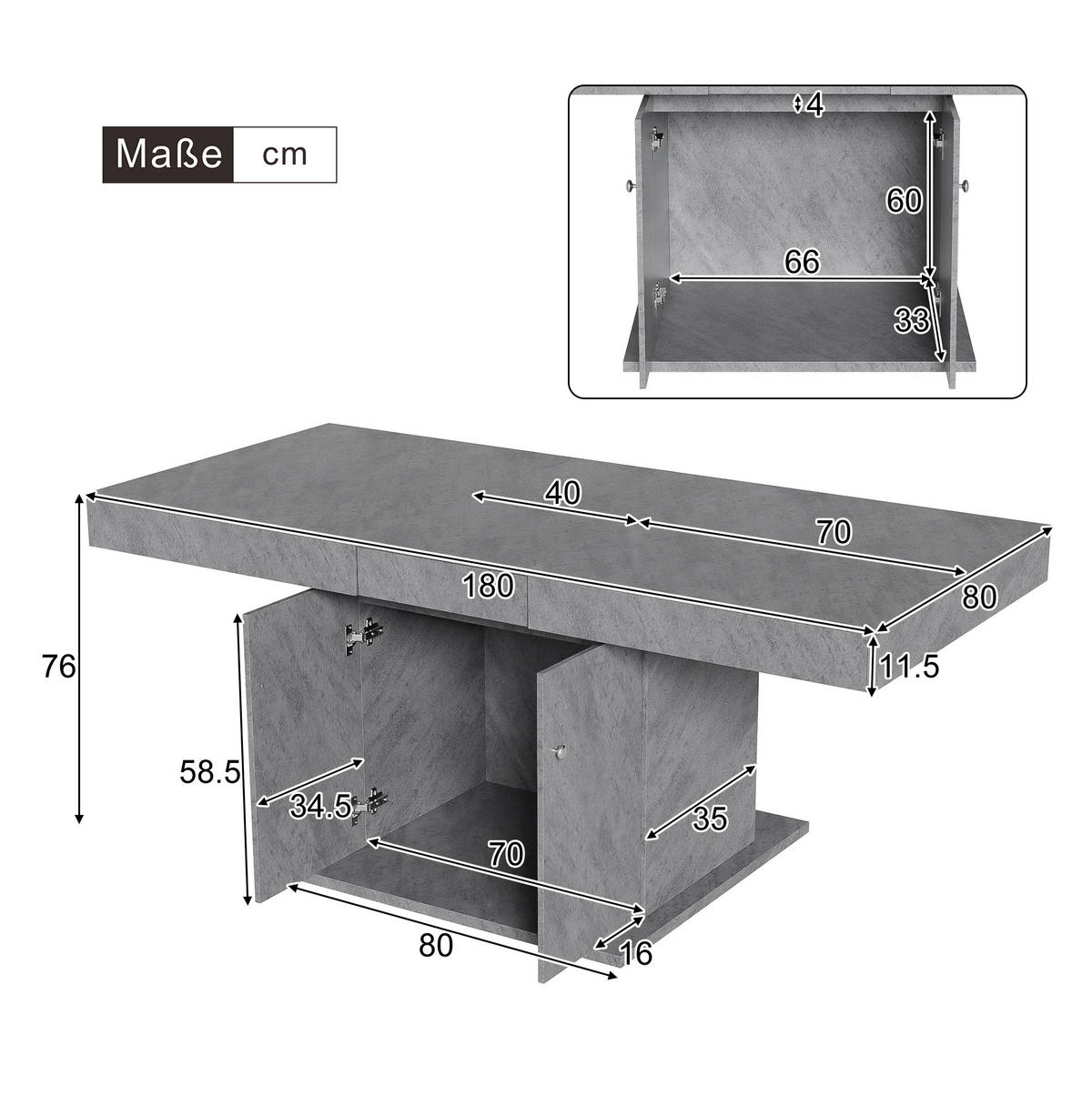 ESSTISCH 140-180x80x76 cm in Grau aus Spanplatte mit automatischer Teleskop-Erweiterung und Stauraum - Grau, Holzwerkstoff (80/180/76cm) - Modfu