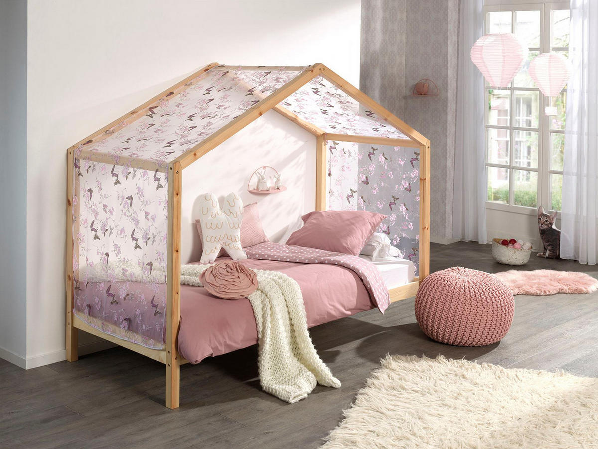 HAUSBETT mit Textilhimmel Kapua 210x170x97 aus Massivholz in Natur - Rosa, Holz (90/200cm) - 58aufmkessel