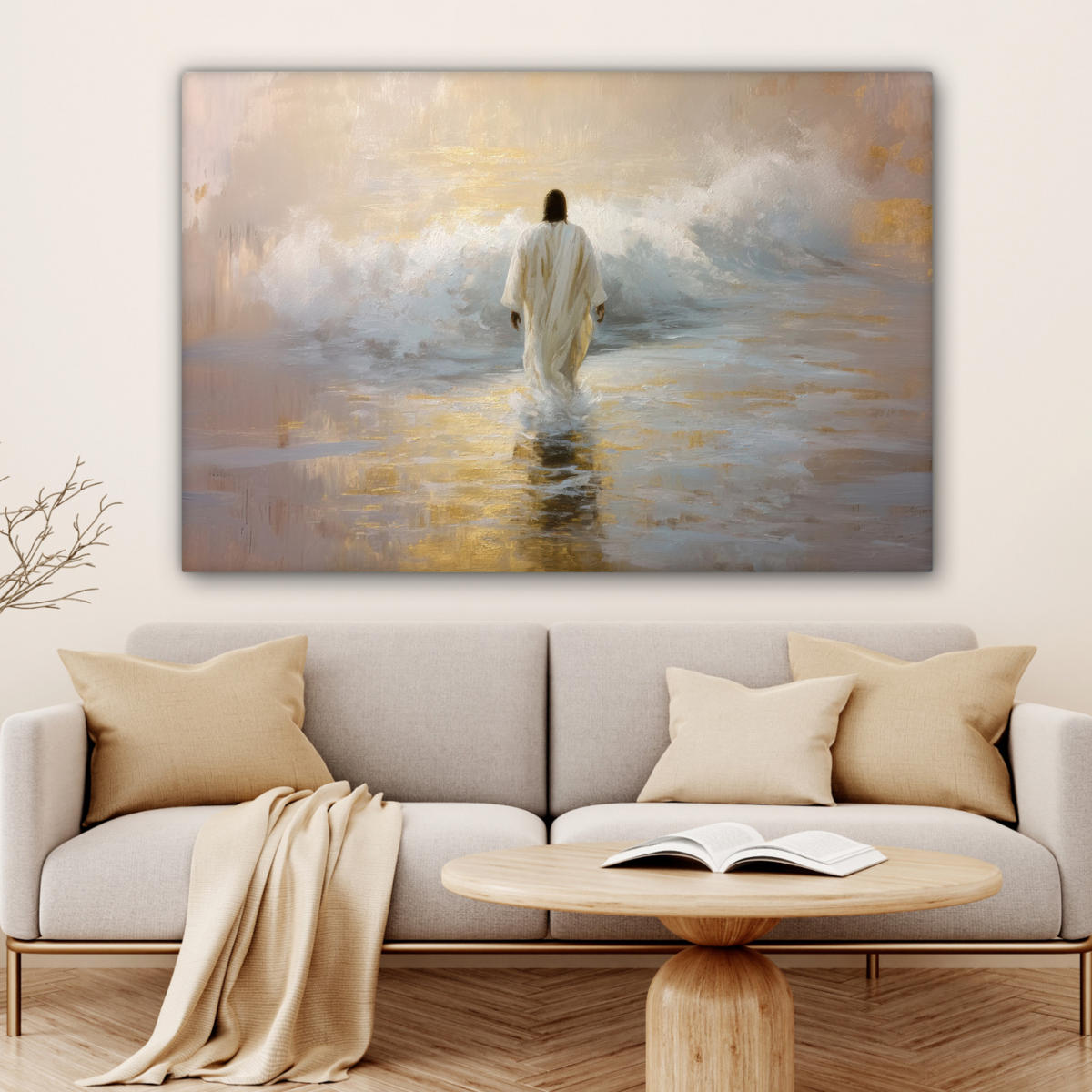 LEINWANDBILD Gemälde - Welle - Jesus - Abstrakt XXL 150x100 cm - Goldfarben, Textil (150/100cm) - MuchoWow