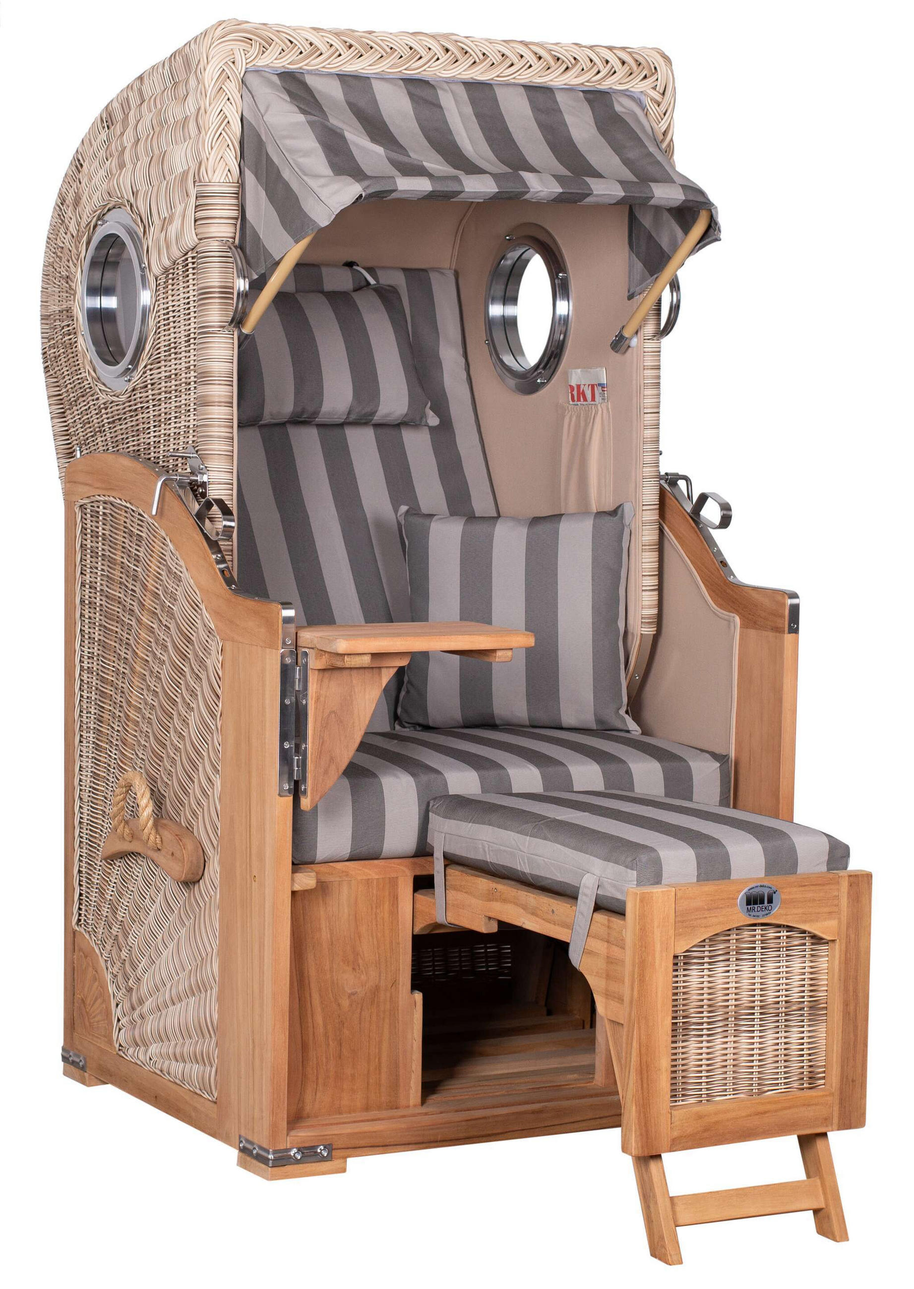 STRANDKORB Düne 1 Sitzer Teak PE Shell - Braun/Grau, Holz/Textil (96/165/80cm) - Mr. Deko