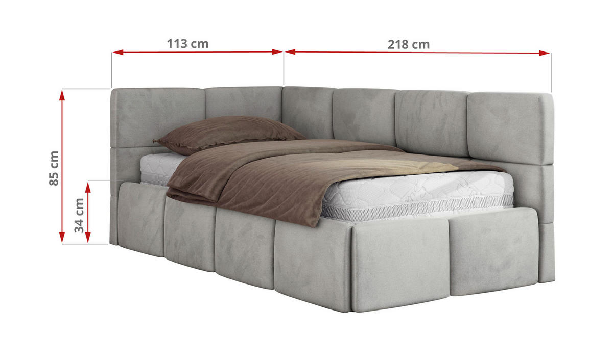 JUGENDBETT ARVO 90/200 - Hellgrau Velvet - ohne Matratze - Links Seite - Hellgrau, Textil (90/200cm) - MKS