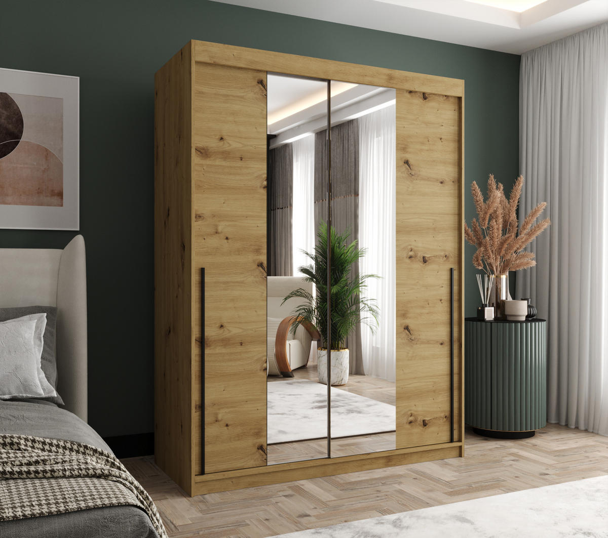 SCHIEBETÜRENSCHRANK mit Spiegel 150 cm Breite Artisan mit schwarzem Griff - Schwarz/Eiche Artisan, Holzwerkstoff (150/200/62cm) - Home Collective