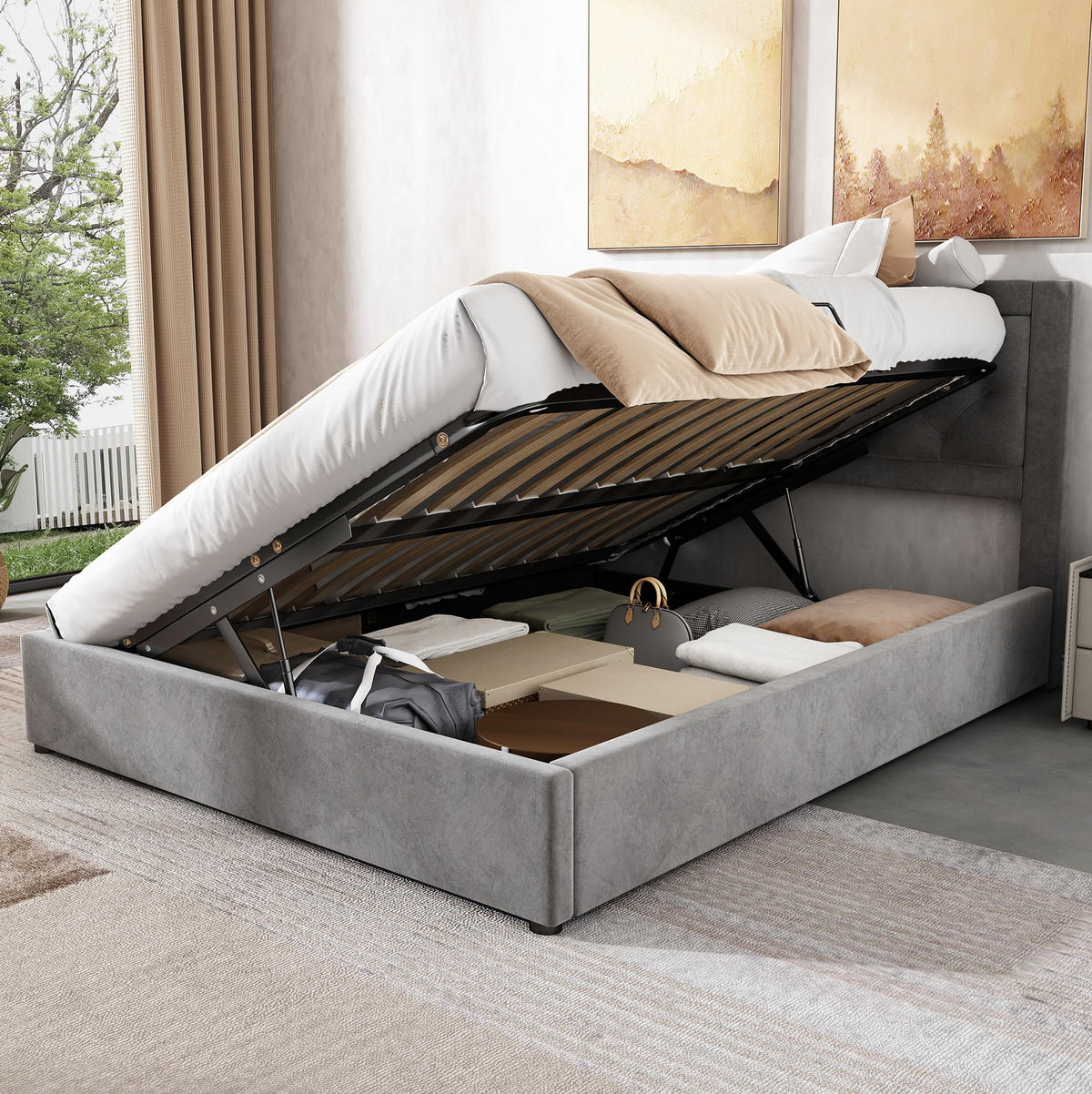 POLSTERBETT 140/200 cm Grau aus Samt mit Stauraum und Chesterfield-Kopfteil - Grau, Metall (140/200cm) - Flora Grace