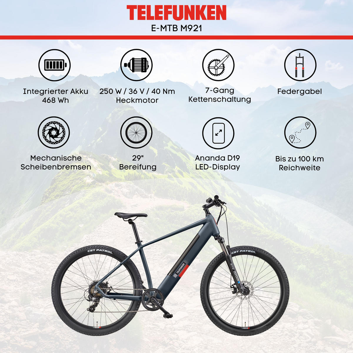 E-BIKE Mountainbike Aufsteiger M921 Für Damen u. Herren 468 Wh Heckmotor 7-Gang-Kettenschaltung 29 Zoll - Grau, Metall (114.6cm) - Telefunken
