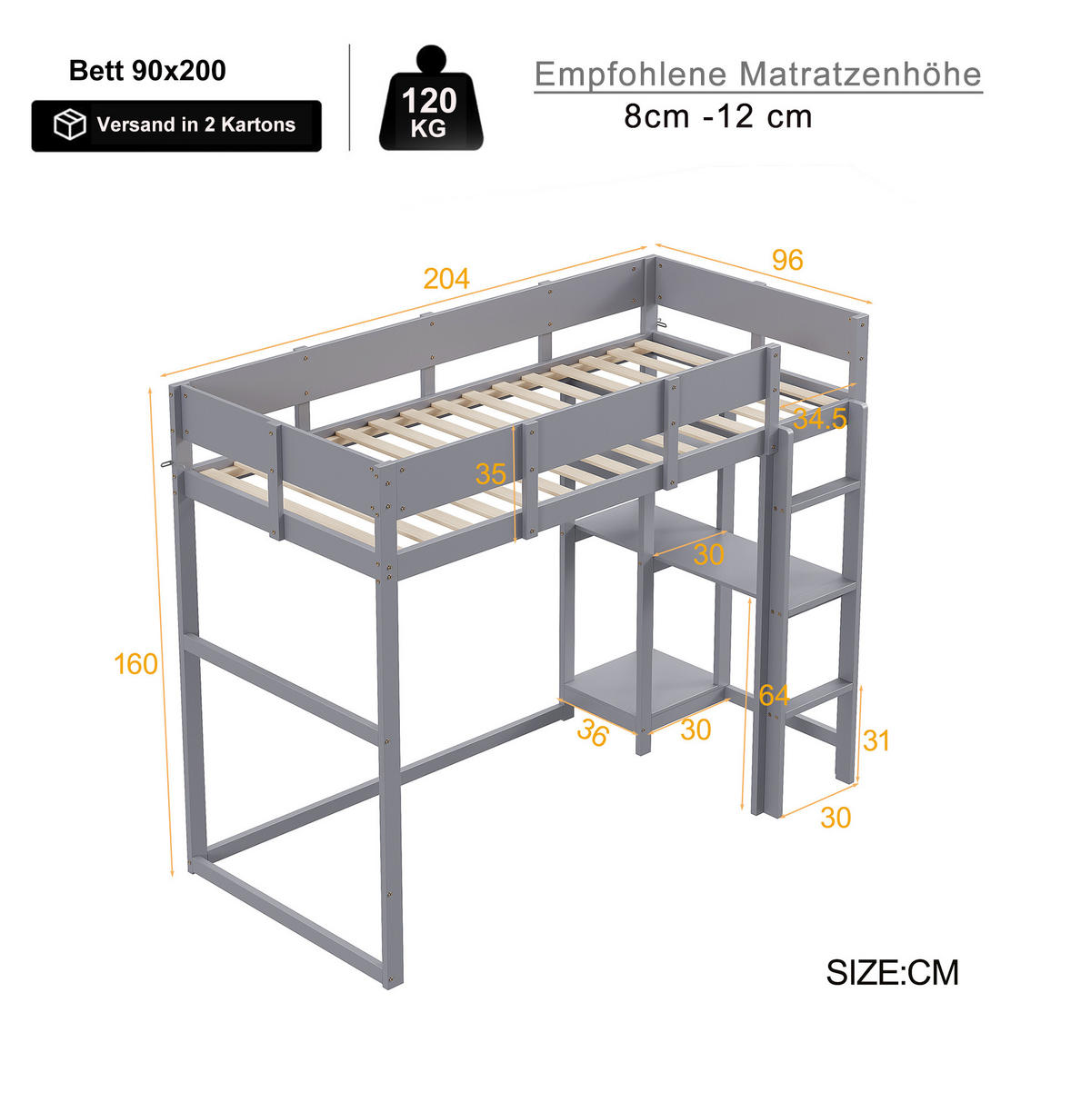 HOCHBETT 90/200 cm aus Kiefernholz mit Ablageregal Grau - Grau, Holz (90/200cm) - Modenvie