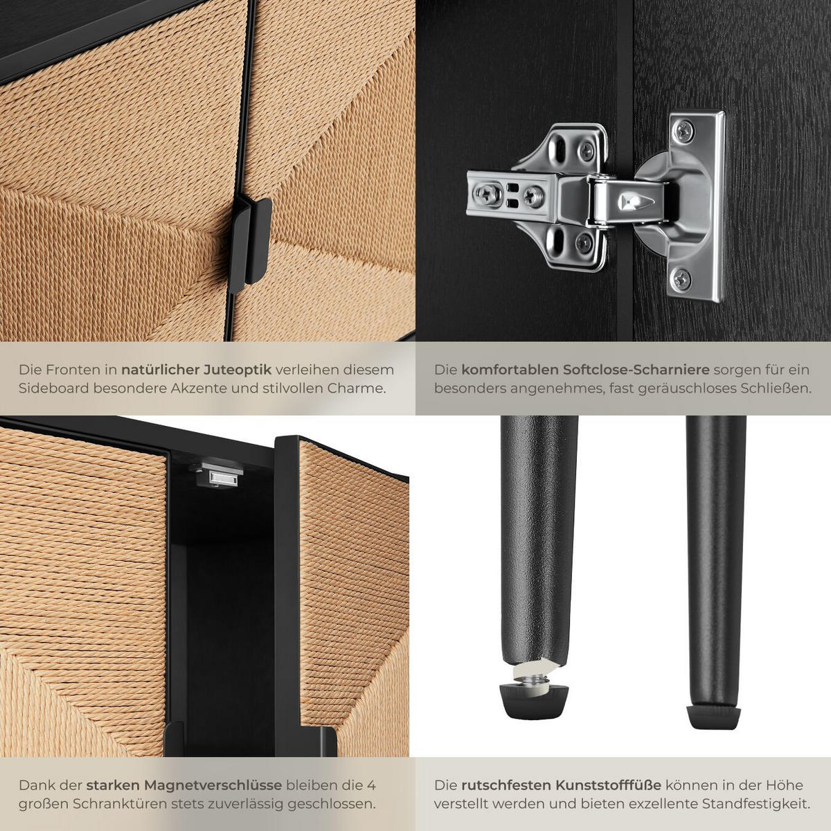 SIDEBOARD Juna,150 x 47 x 77 cm, höhenverstellbare Füße,schwarz/braun - Schwarz/Braun, Holz (150/77/47cm) - tectake