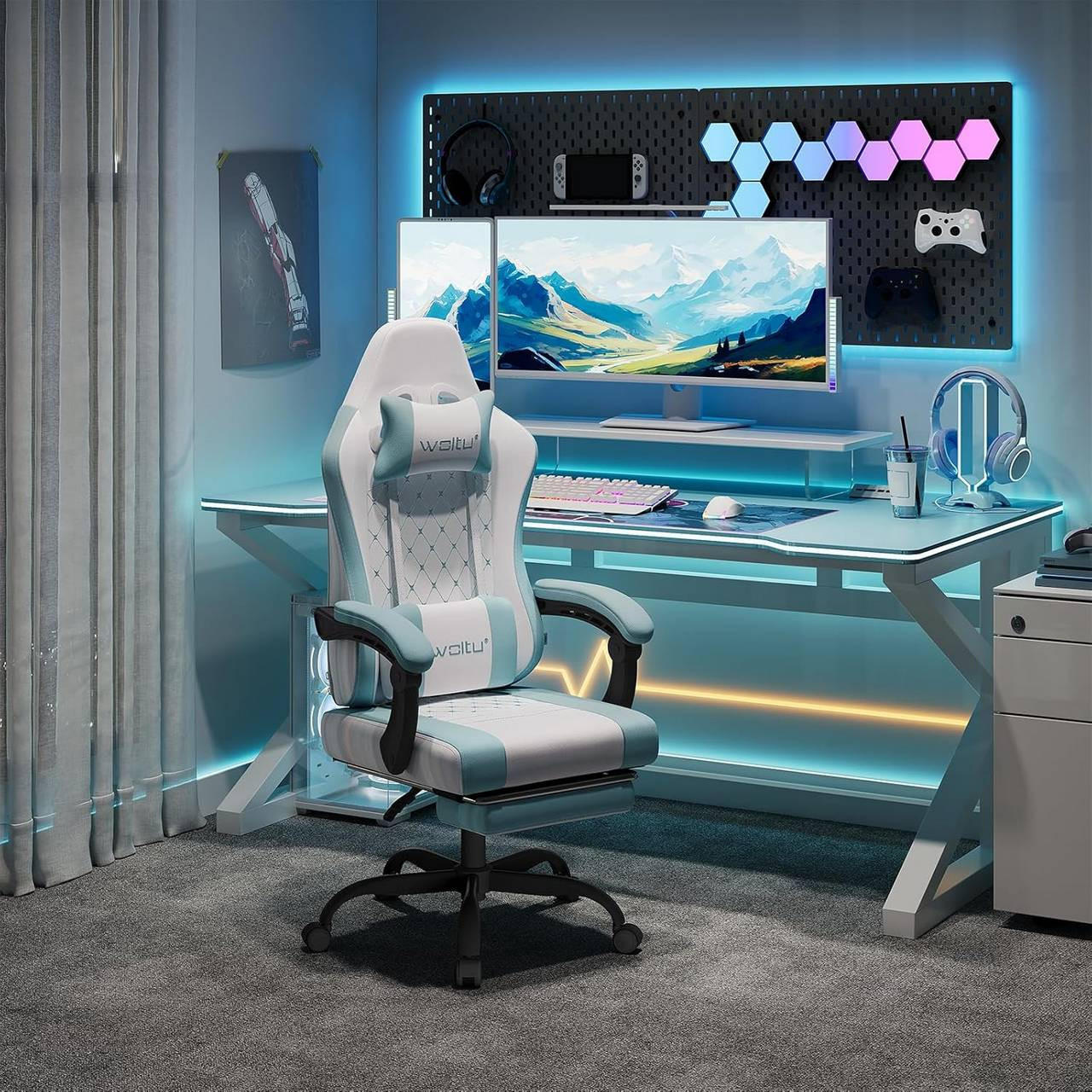 GAMINGSTUHL mit Massagefunktion, Netzstoff, Weiß+Blau - Blau/Schwarz, Textil/Metall (70/127/70cm) - Woltu