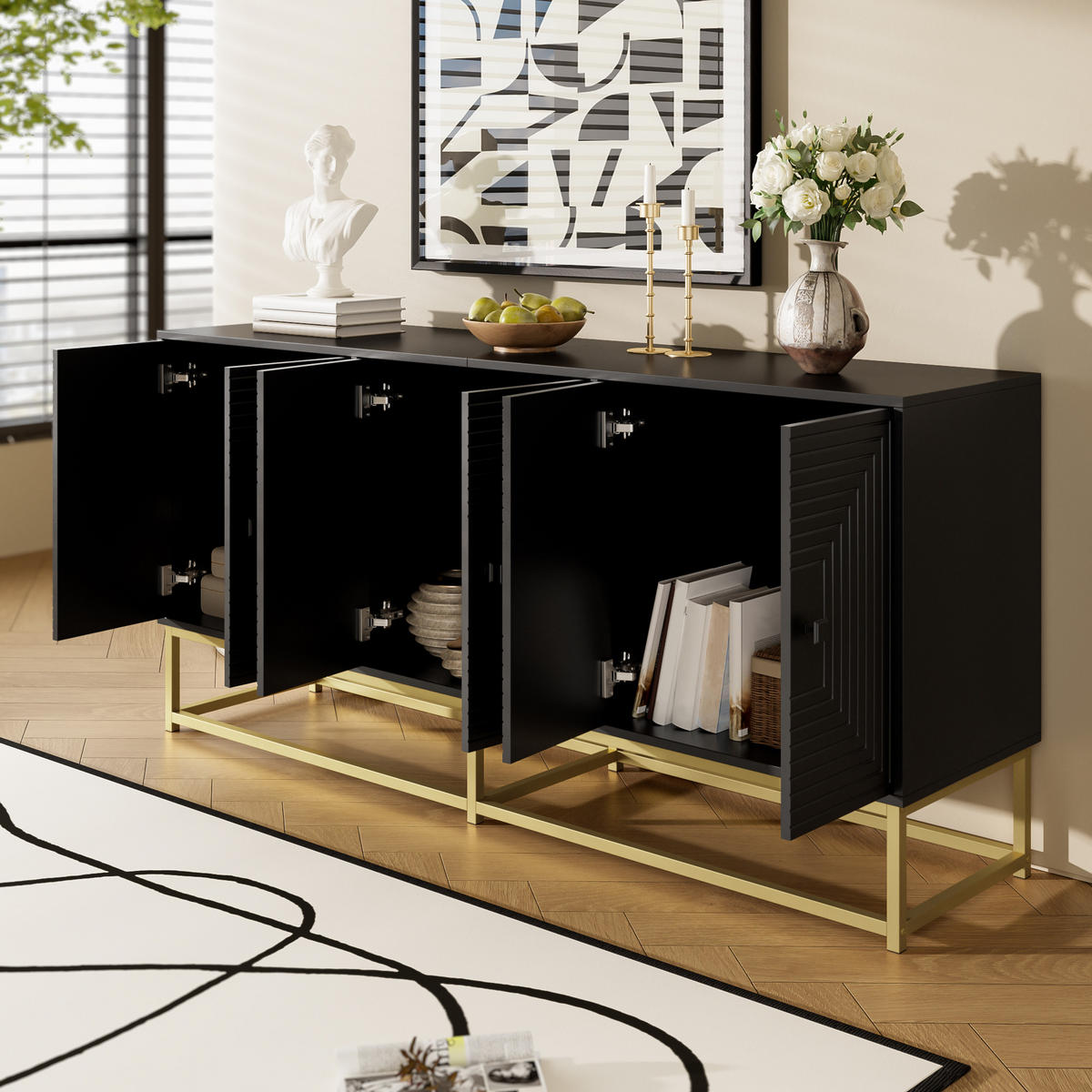 SIDEBOARD schwarz 3 Türen Stauraum - Schwarz, Holzwerkstoff (160/75.5/38cm) - Fortuna Lai