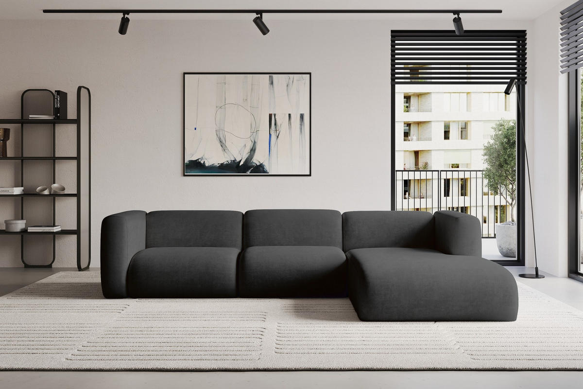 ECKSOFA Ottomane Rechts MIRA-L2 318x179x89 Schwarz Velours - Anthrazit/Schwarz, Holzwerkstoff/Kunststoff (318/179cm) - ALTDECOR