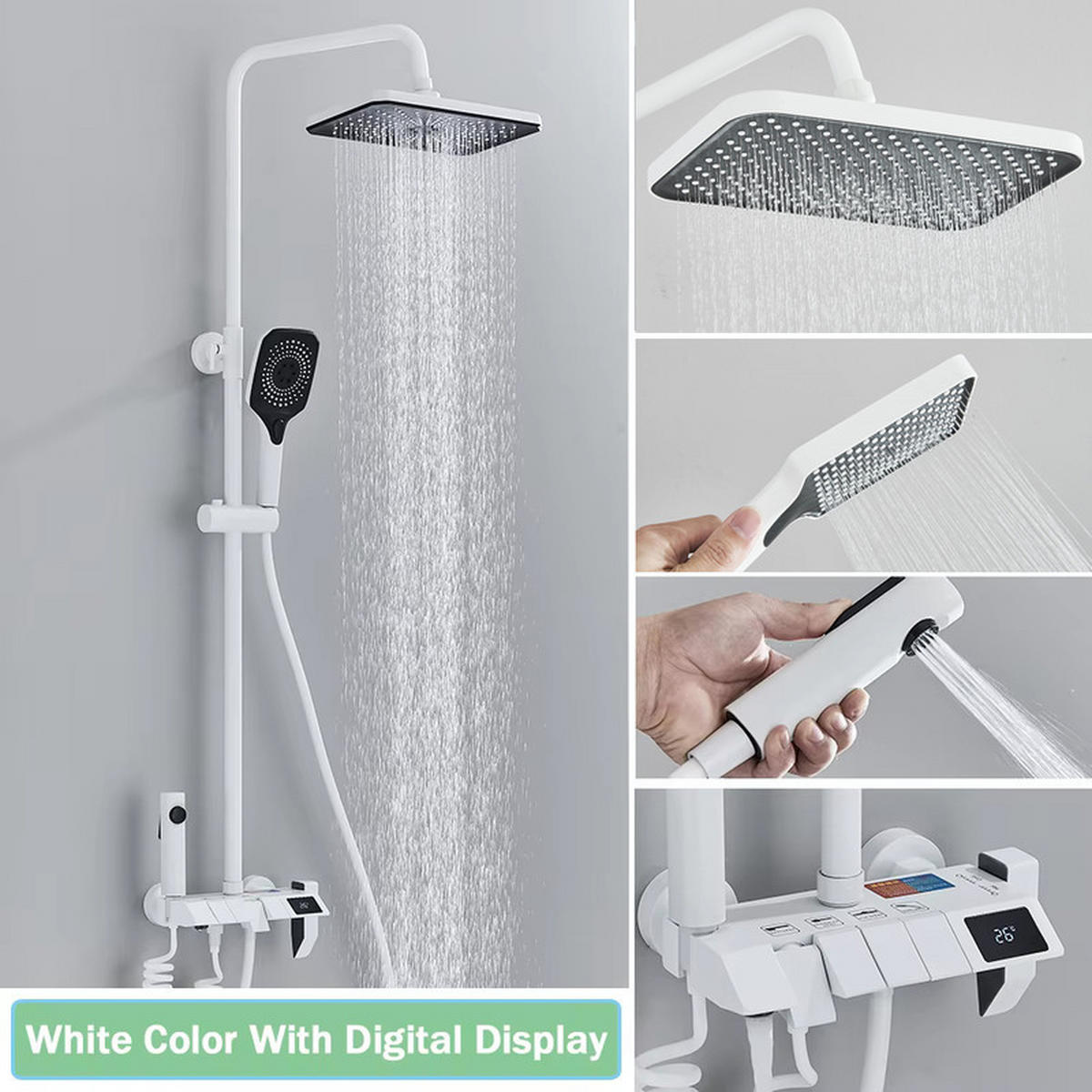THERMOSTATISCHES Duschsystem 3 Funktionen mit Digitalanzeige Weiß – Regendusche, Handbrause & Bidet, Piano-Tasten Bedienung, Badezimmer Armatur - Weiß, Metall (18.5/120/27.5cm) - Kaket