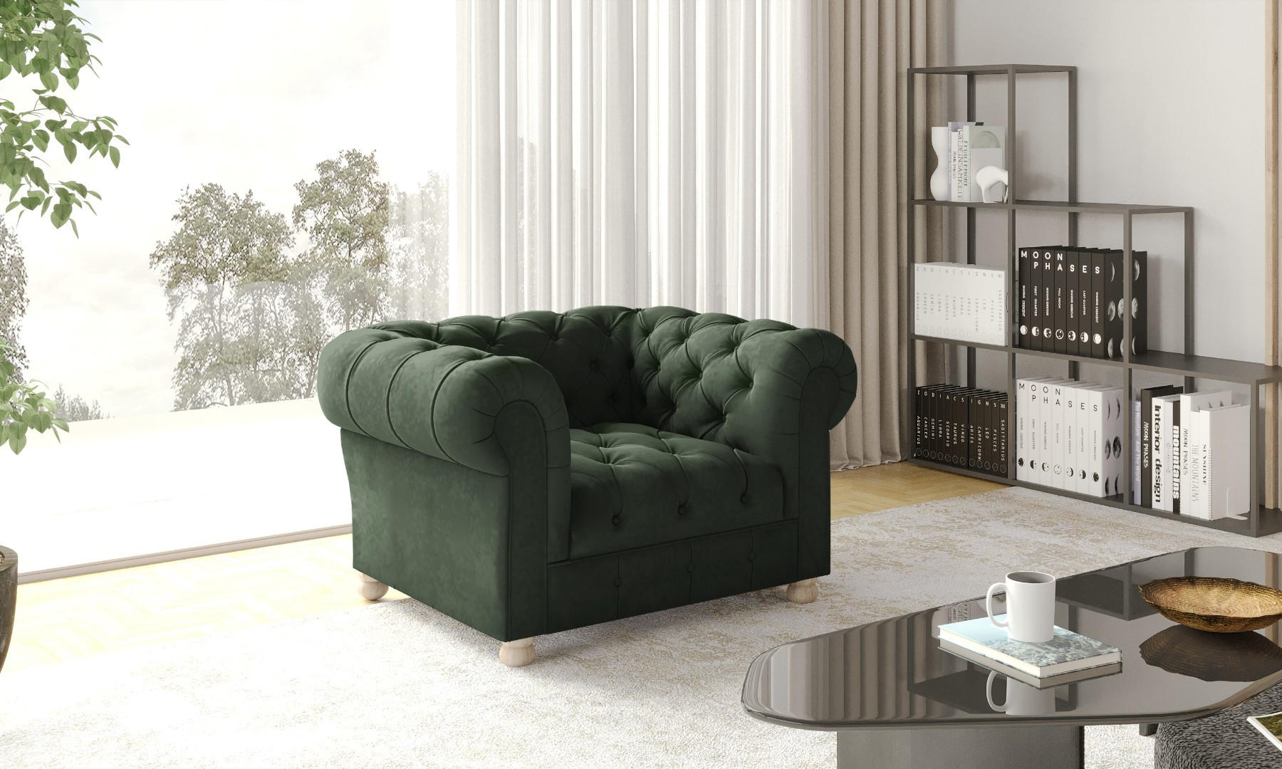 SESSEL CHESTERFIELD Elegant Klassisch Schick Stoff Whisper Velours Grün - Waldgrün, Holz (112/77/90cm) - Kaiser Möbel