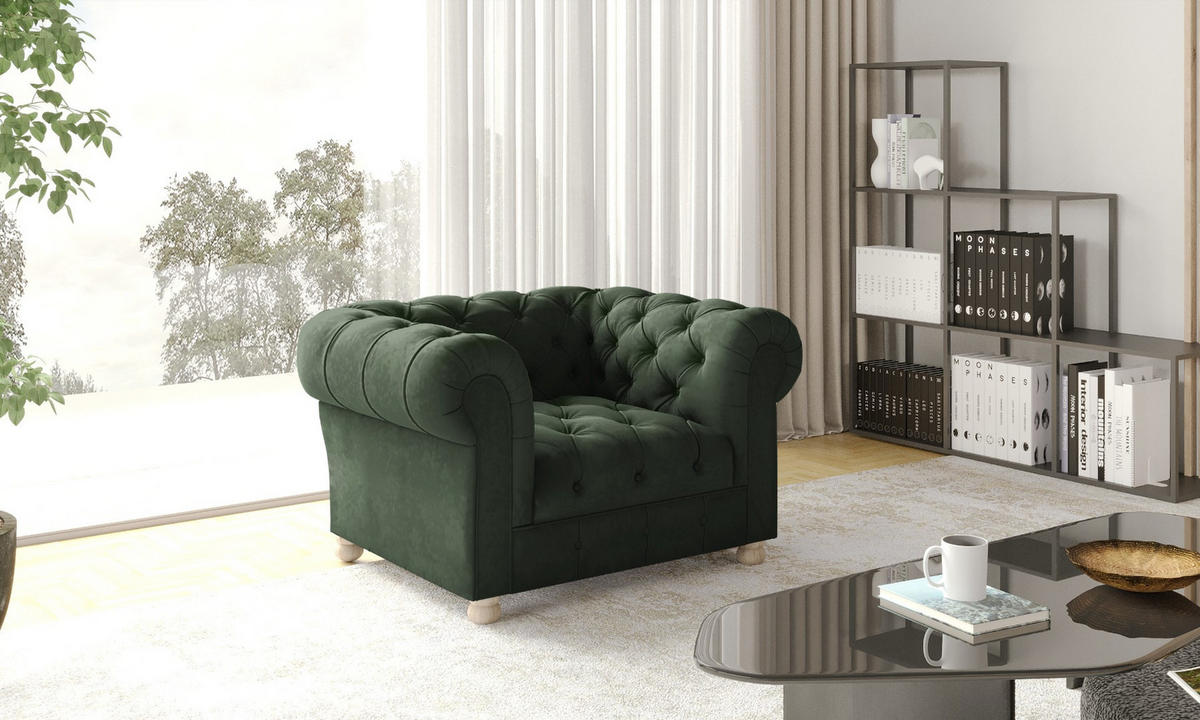 SESSEL CHESTERFIELD Elegant Klassisch Schick Stoff Whisper Velours Grün - Waldgrün, Holz (112/77/90cm) - Kaiser Möbel